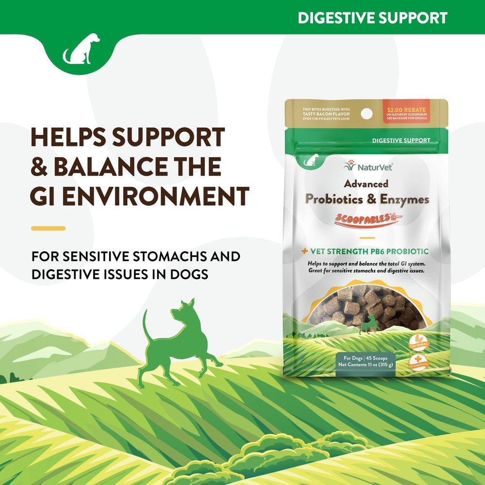 NaturVet Scoopables closeup shows probiotic powder and digestive enzymes.