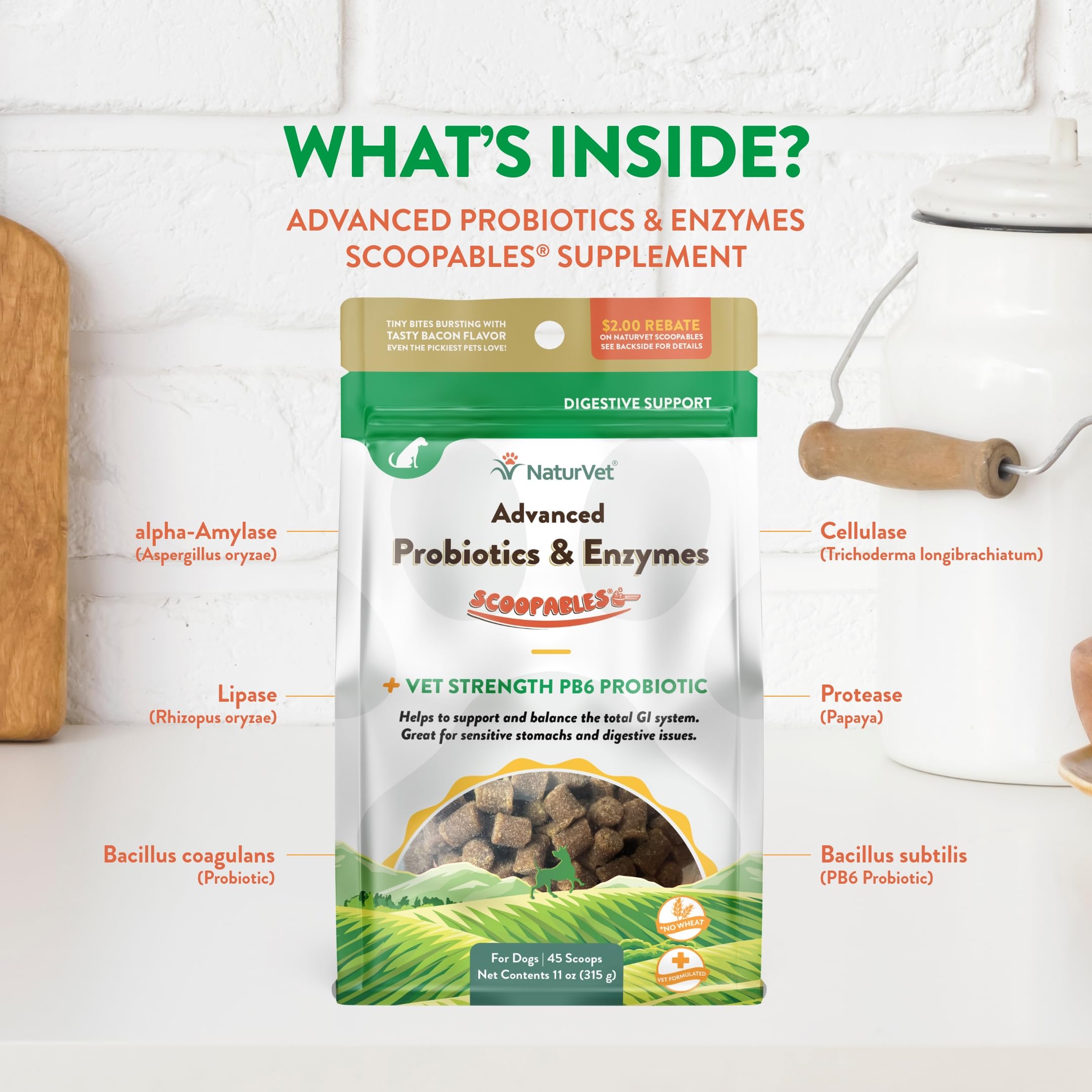NaturVet Scoopables PB6 probiotic strain supports gut balance.