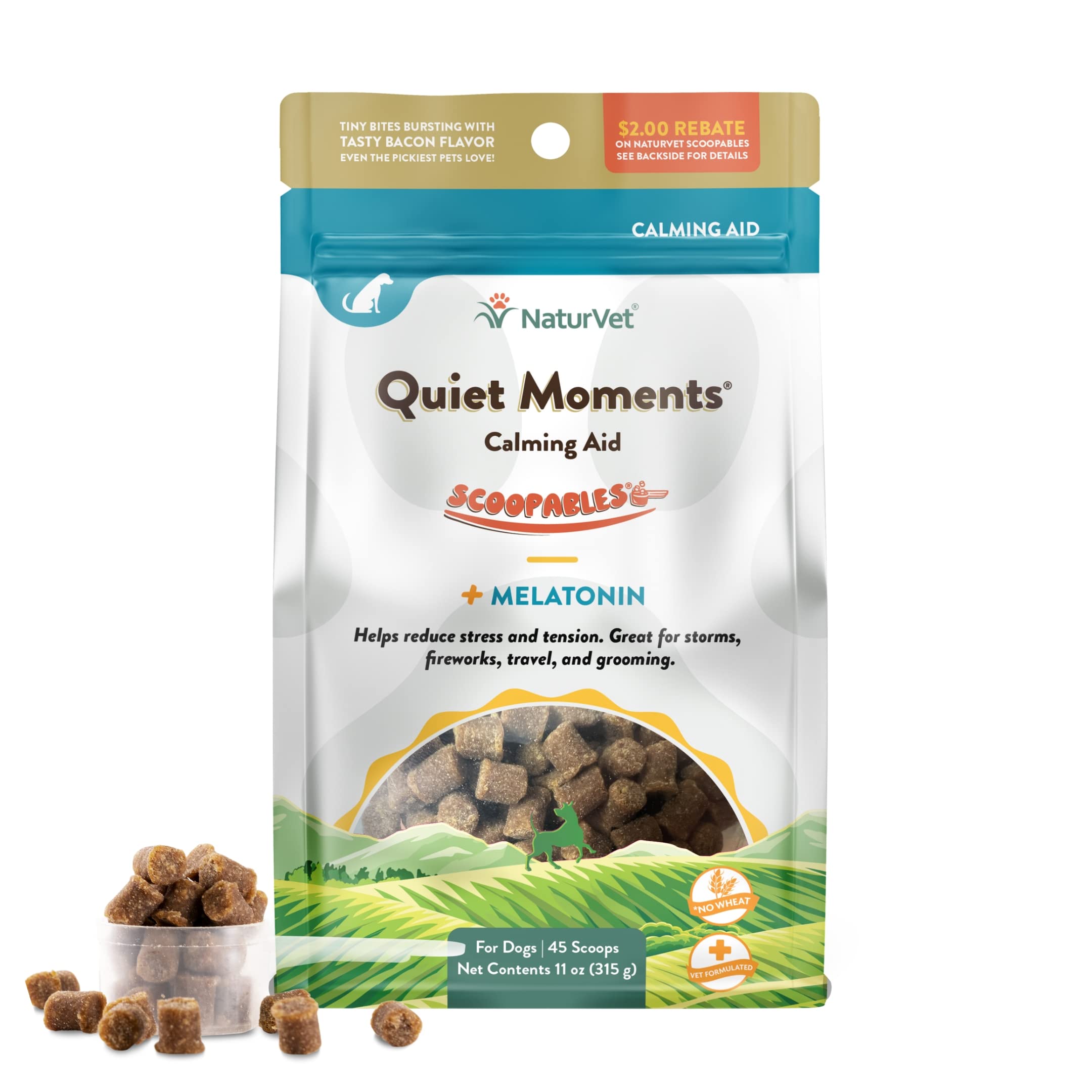 NaturVet Scoopables Quiet Moments bottle front highlighting calming formula for stressed dogs