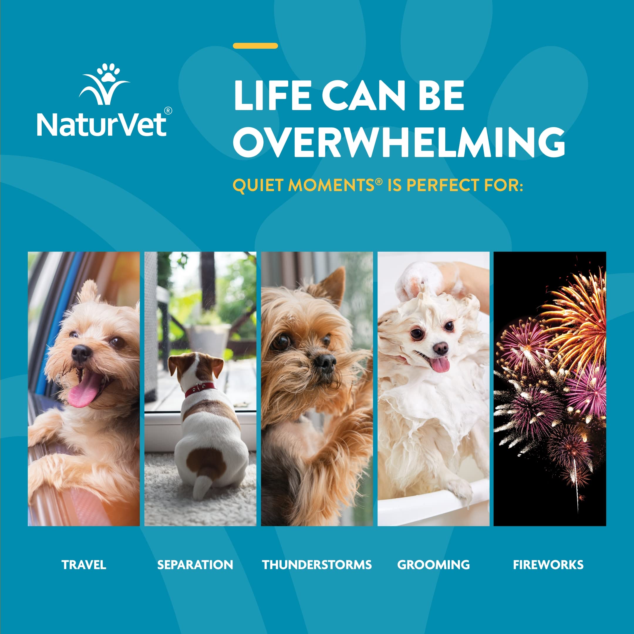 NaturVet Scoopables Quiet Moments storm-use scenario demonstrates calming during storms