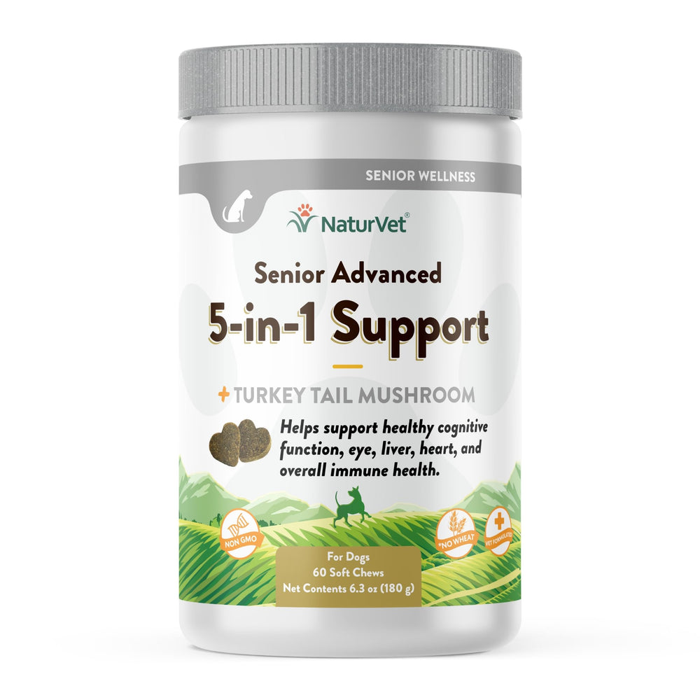 NaturVet Senior Advanced 5-in-1 bottle label showing overall health support for aging dogs