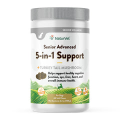 NaturVet Senior Advanced 5-in-1 bottle label showing overall health support for aging dogs