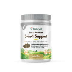 NaturVet Senior Advanced 5-in-1 bottle supports immune, heart, liver, and cognition in aging dogs.