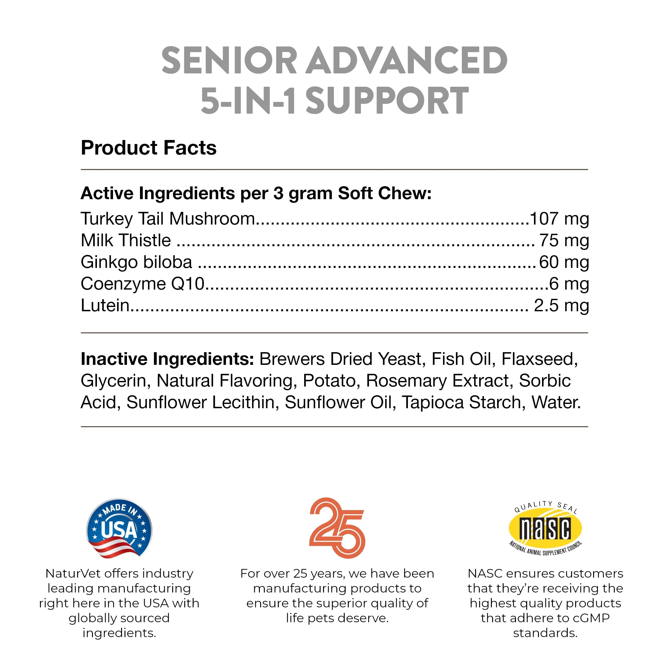 NaturVet Senior Advanced 5-in-1 wheat-free formulation highlighting allergen-friendly supplement