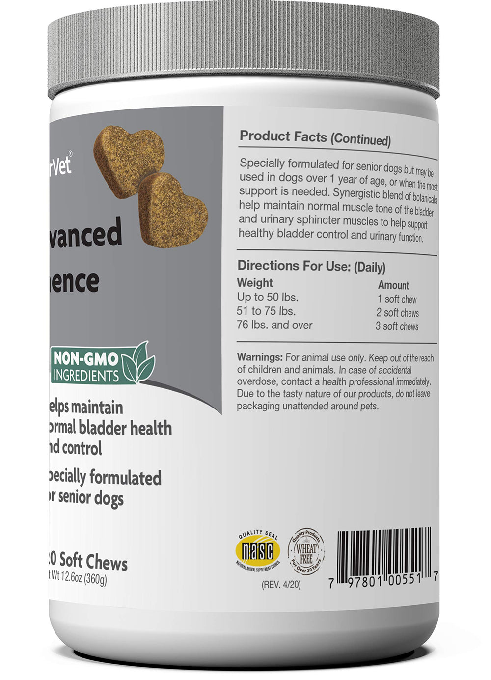 NaturVet Senior Advanced Incontinence jar full on shelf indicates 120-count supply for ongoing support