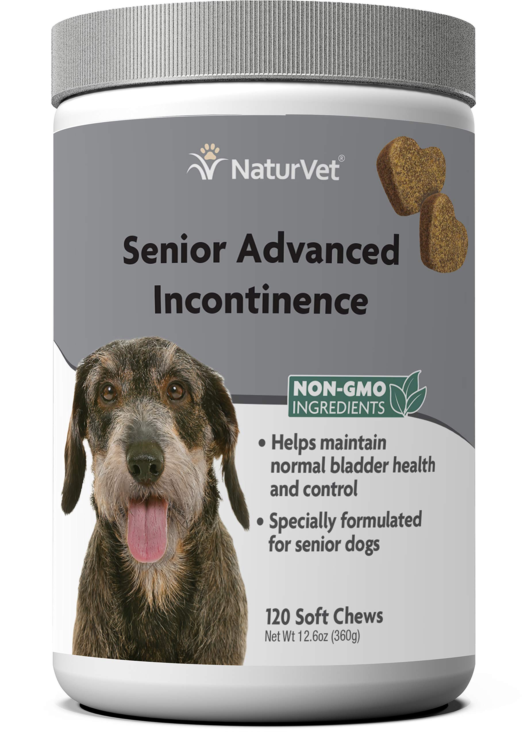 NaturVet Senior Advanced Incontinence soft chews bottle shows bladder-support supplement for seniors