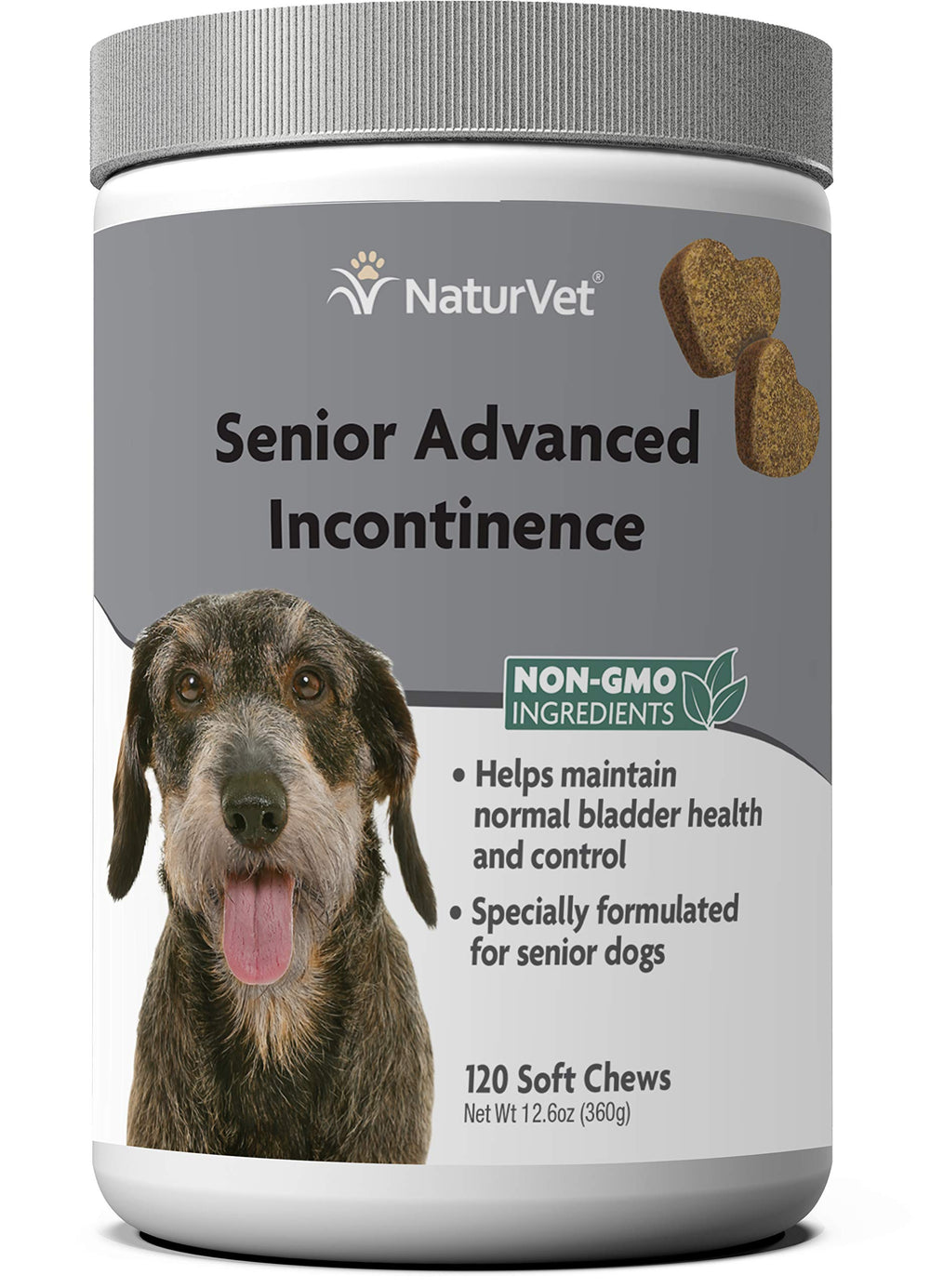 NaturVet Senior Advanced Incontinence soft chews bottle shows bladder-support supplement for seniors