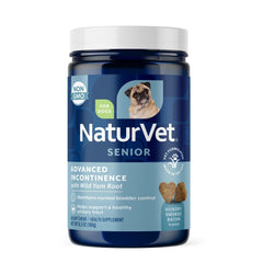 NaturVet Senior Advanced Incontinence soft chews jar: supports bladder control for seniors.