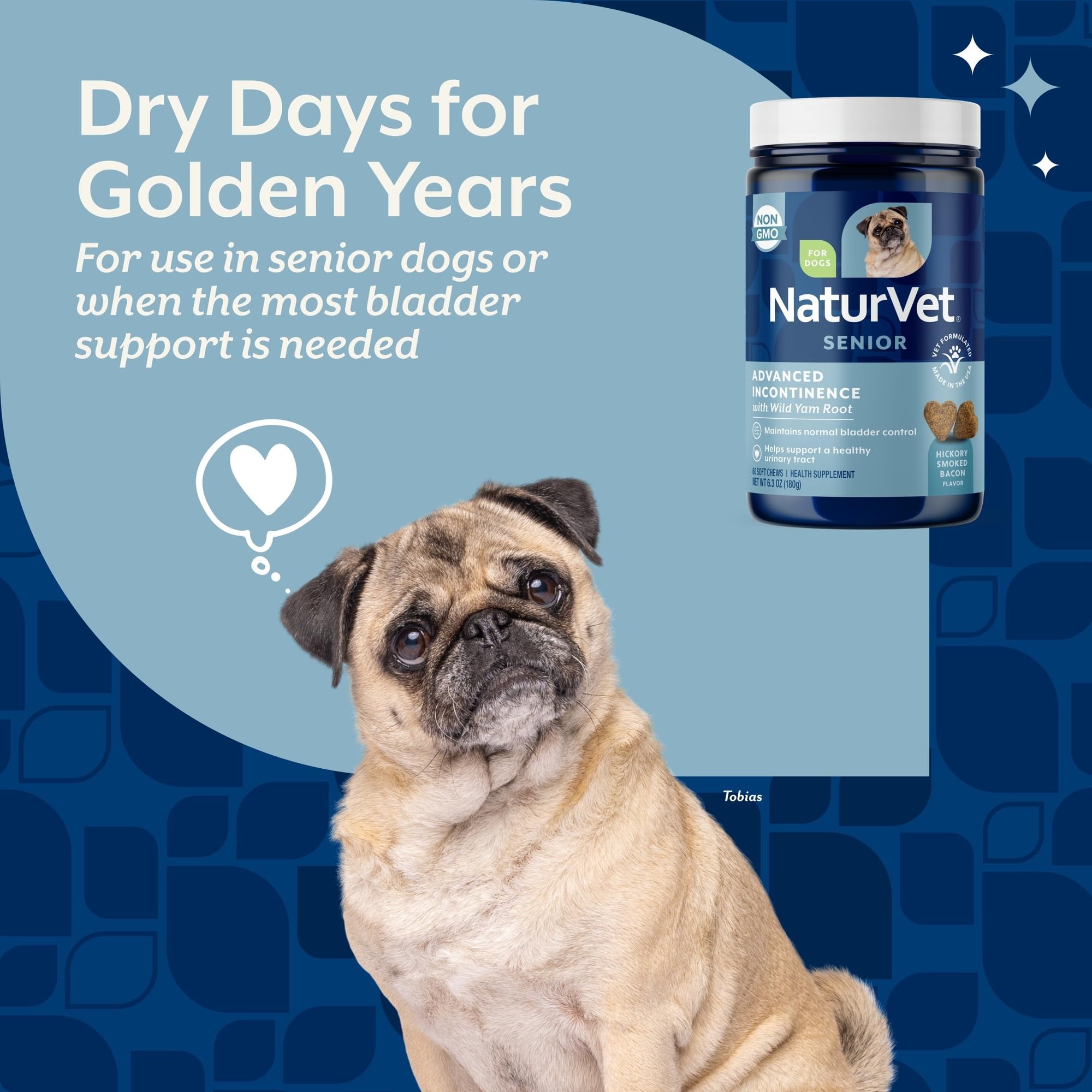 NaturVet Senior immune-support soft chews bottle: boosts overall health alongside bladder care.
