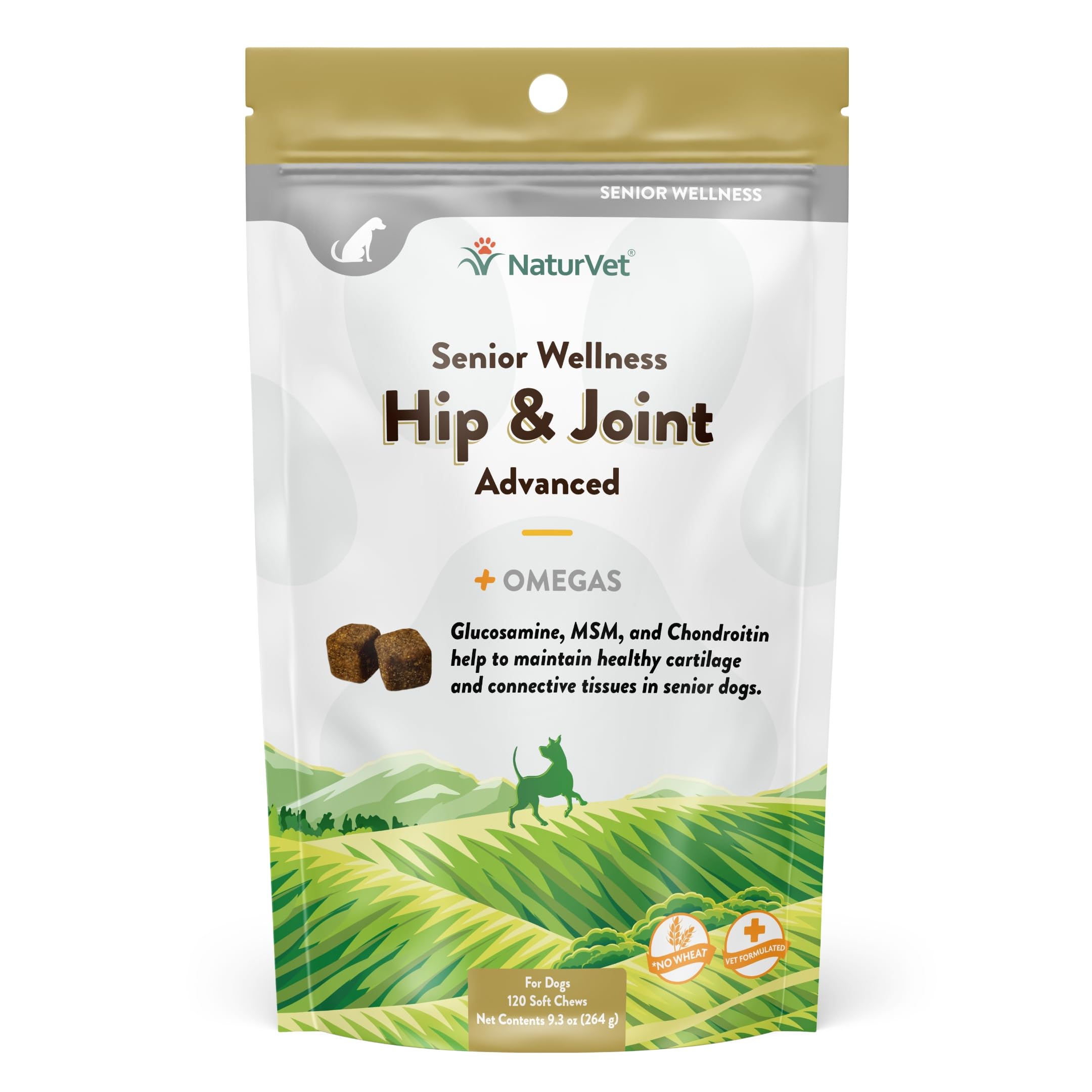 NaturVet Senior Wellness hip-joint Advanced Plus Omegas bottle highlights omega blend for aging dogs