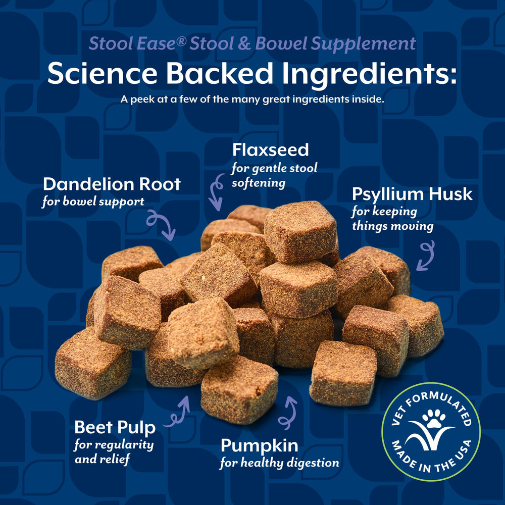 NaturVet Stool Ease packaging label shows US-made, veterinarian formulation