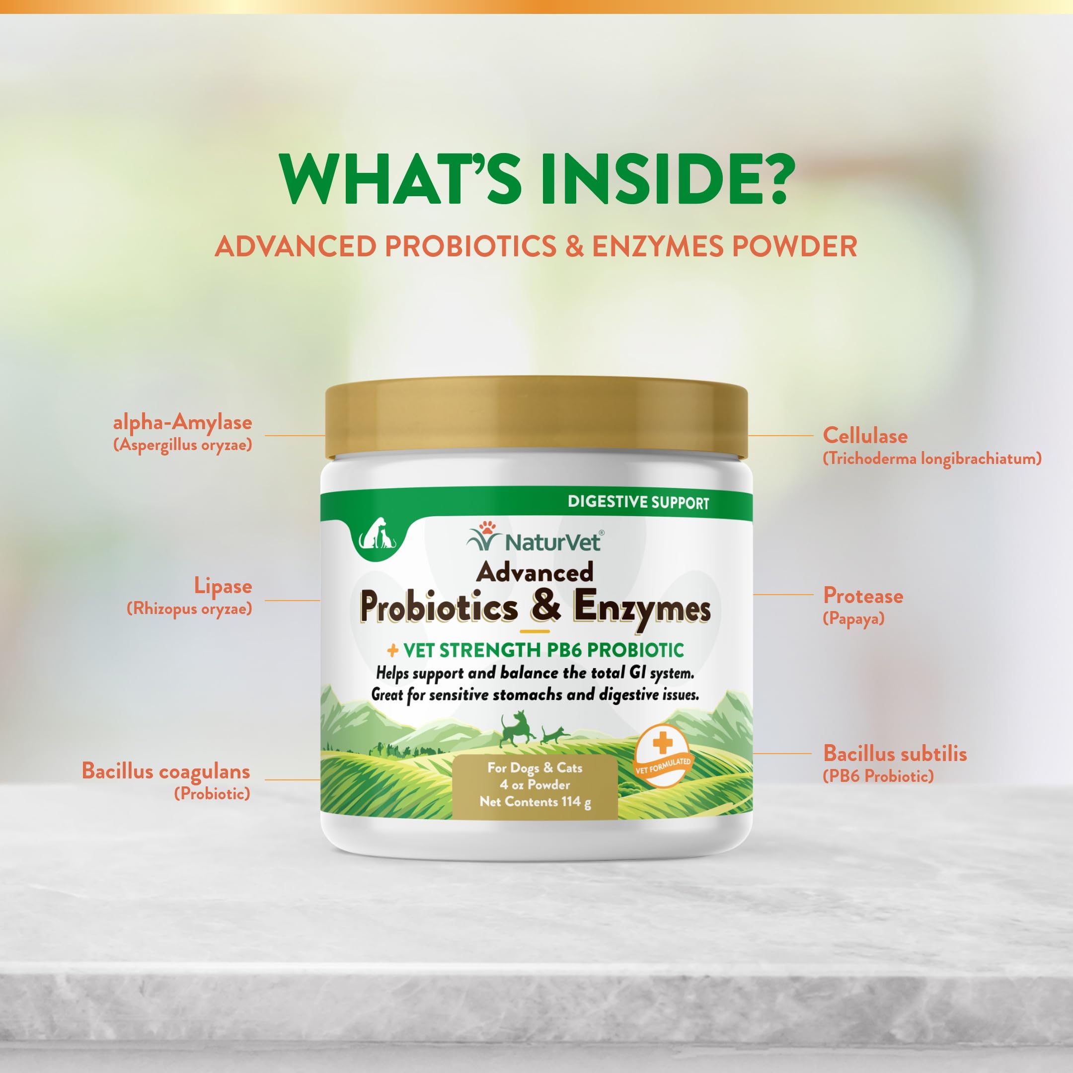 NaturVet stress-ready formula image suggests calmer digestion during grooming