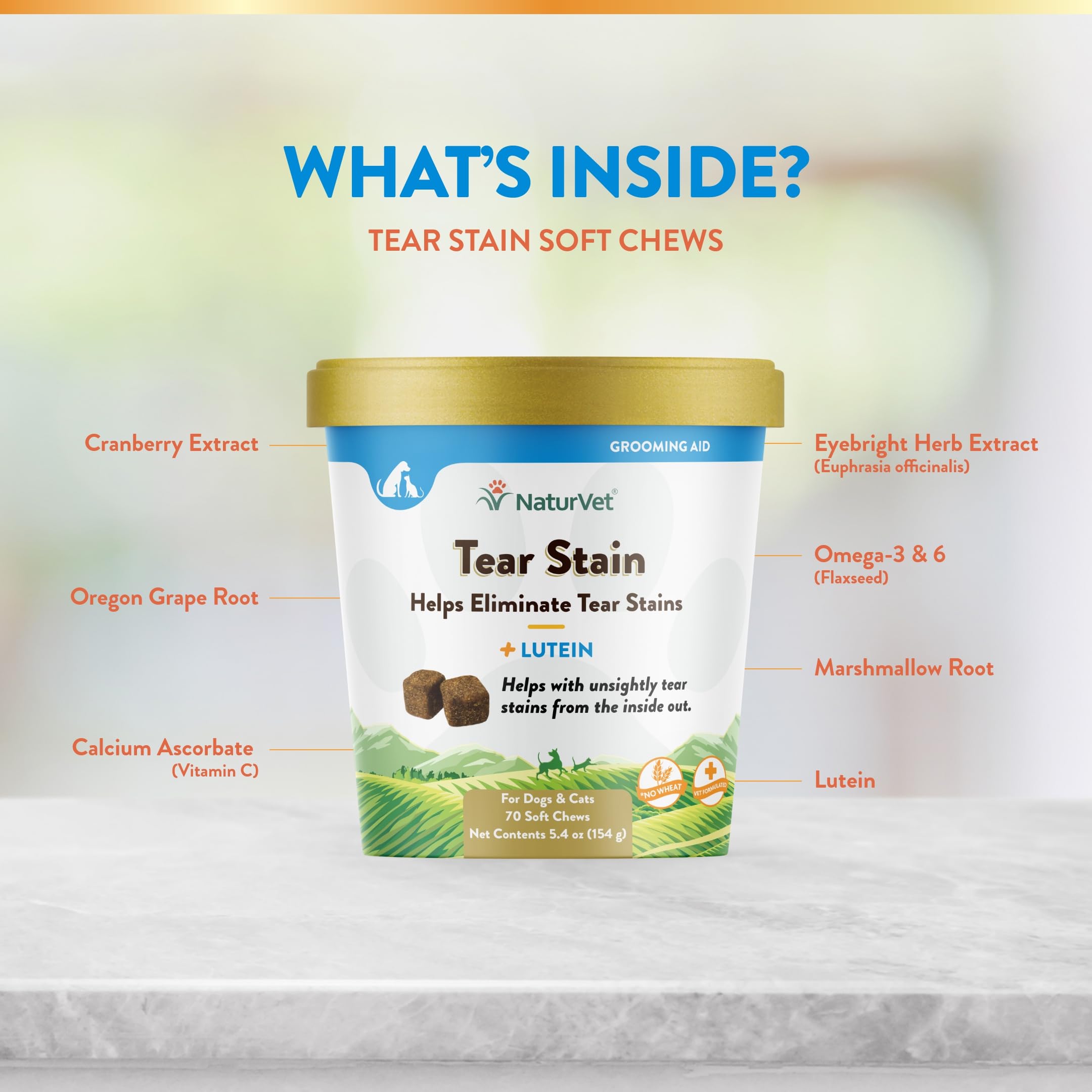 NaturVet Tear Stain Plus Lutein 70-soft-chews bottle on shelf