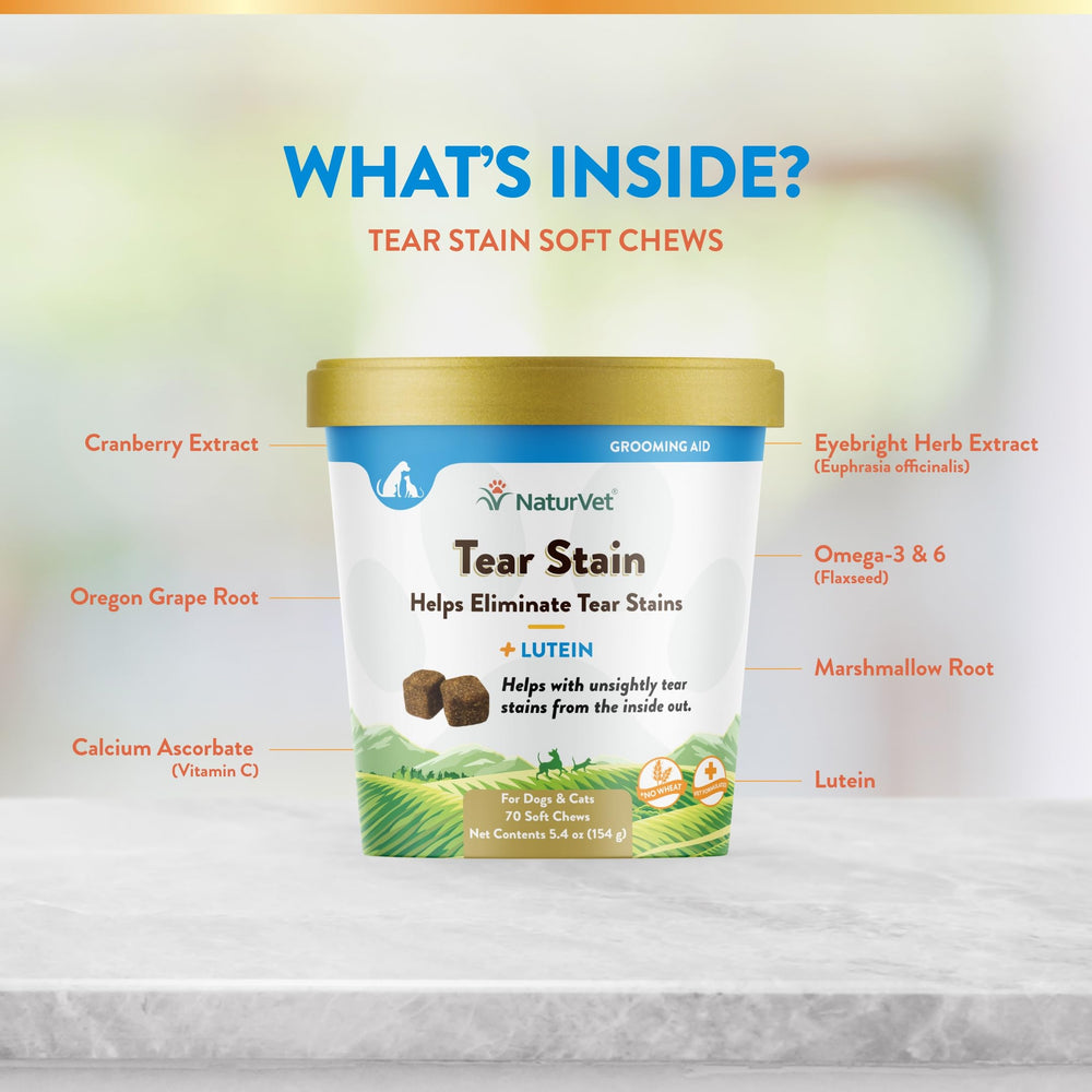 NaturVet Tear Stain Plus Lutein 70-soft-chews bottle on shelf