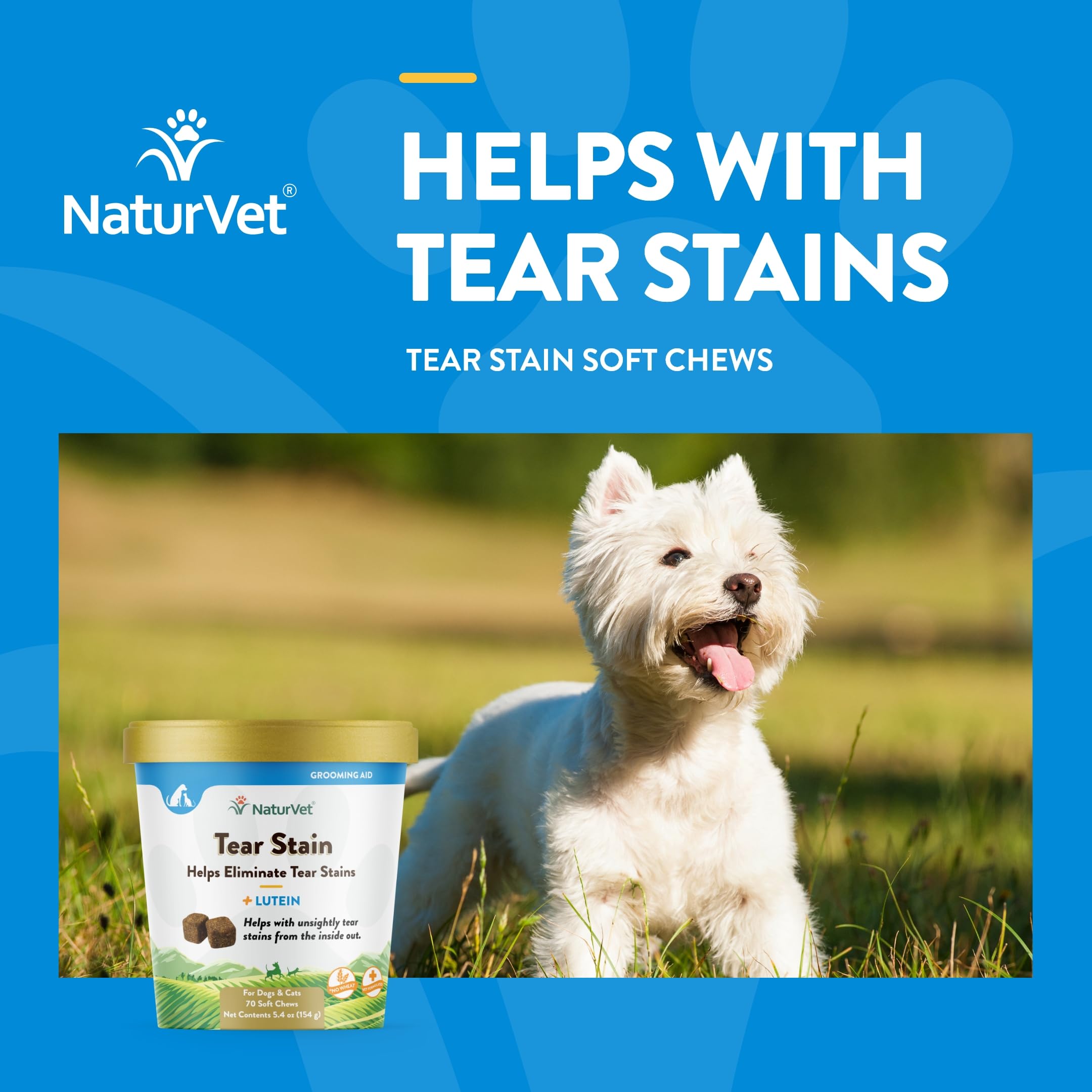 NaturVet Tear Stain Plus Lutein with cranberry extract feature highlight for eye areas