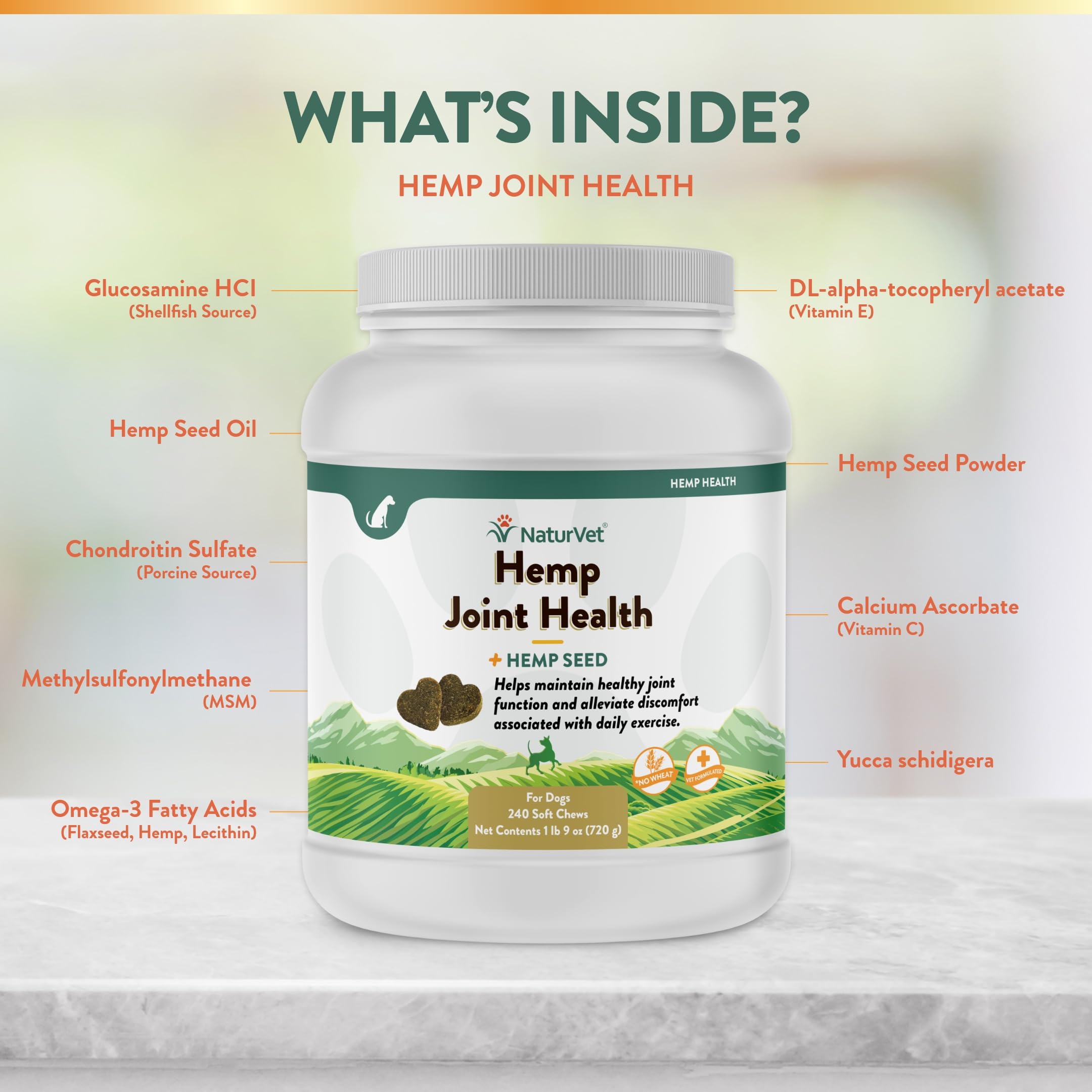 NaturVet veterinarian formulated label close up reassures science backed joint support.