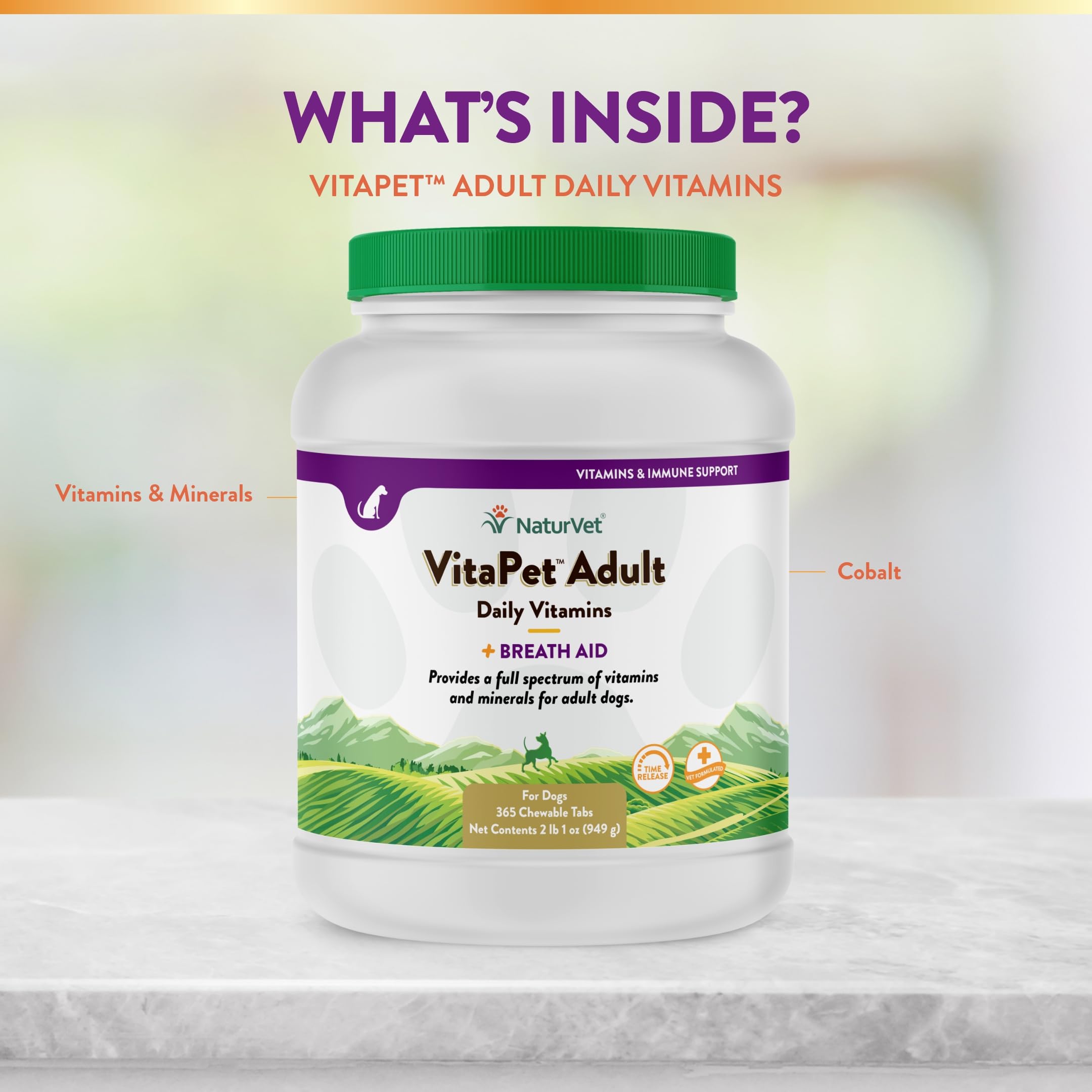 NaturVet Vita Pet Adult Plus Breath Aid label close up with ingredient highlights