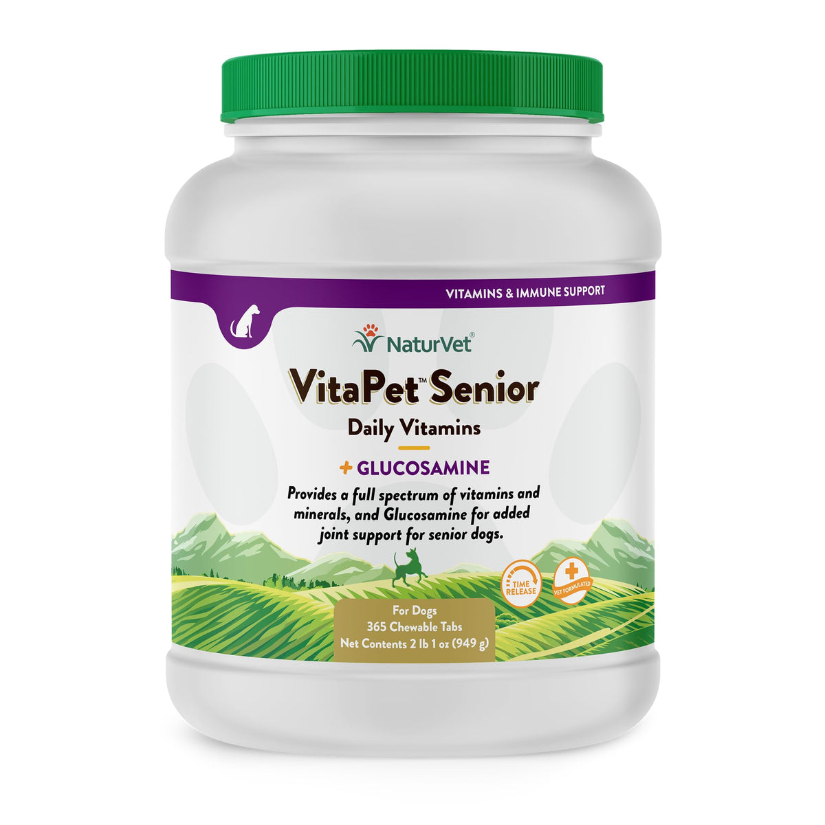 NaturVet VitaPet senior dog vitamins bottle for daily joint and nutrition support.