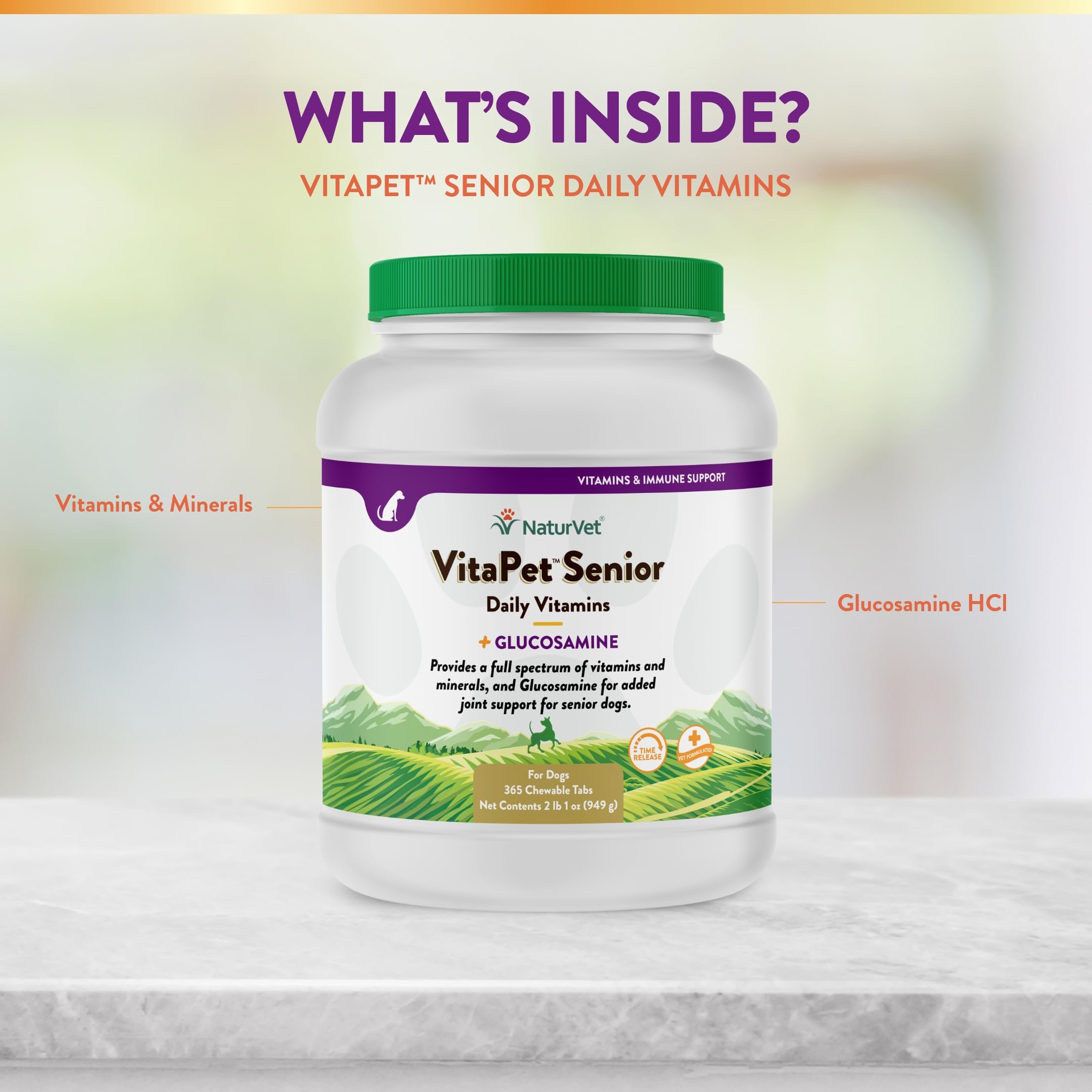 NaturVet VitaPet senior vitamins full-spectrum label for complete nutrient coverage.