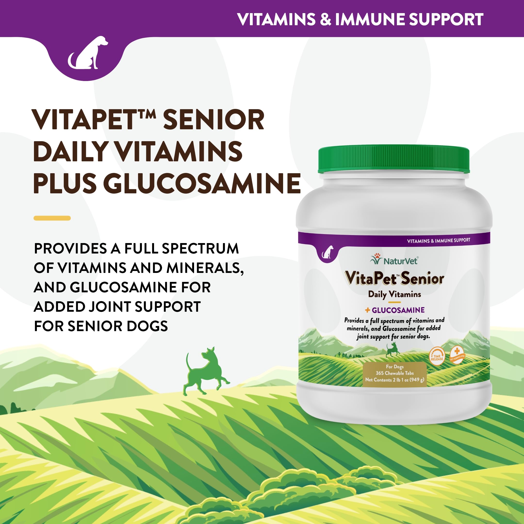 NaturVet VitaPet senior vitamins with glucosamine for added joint support.