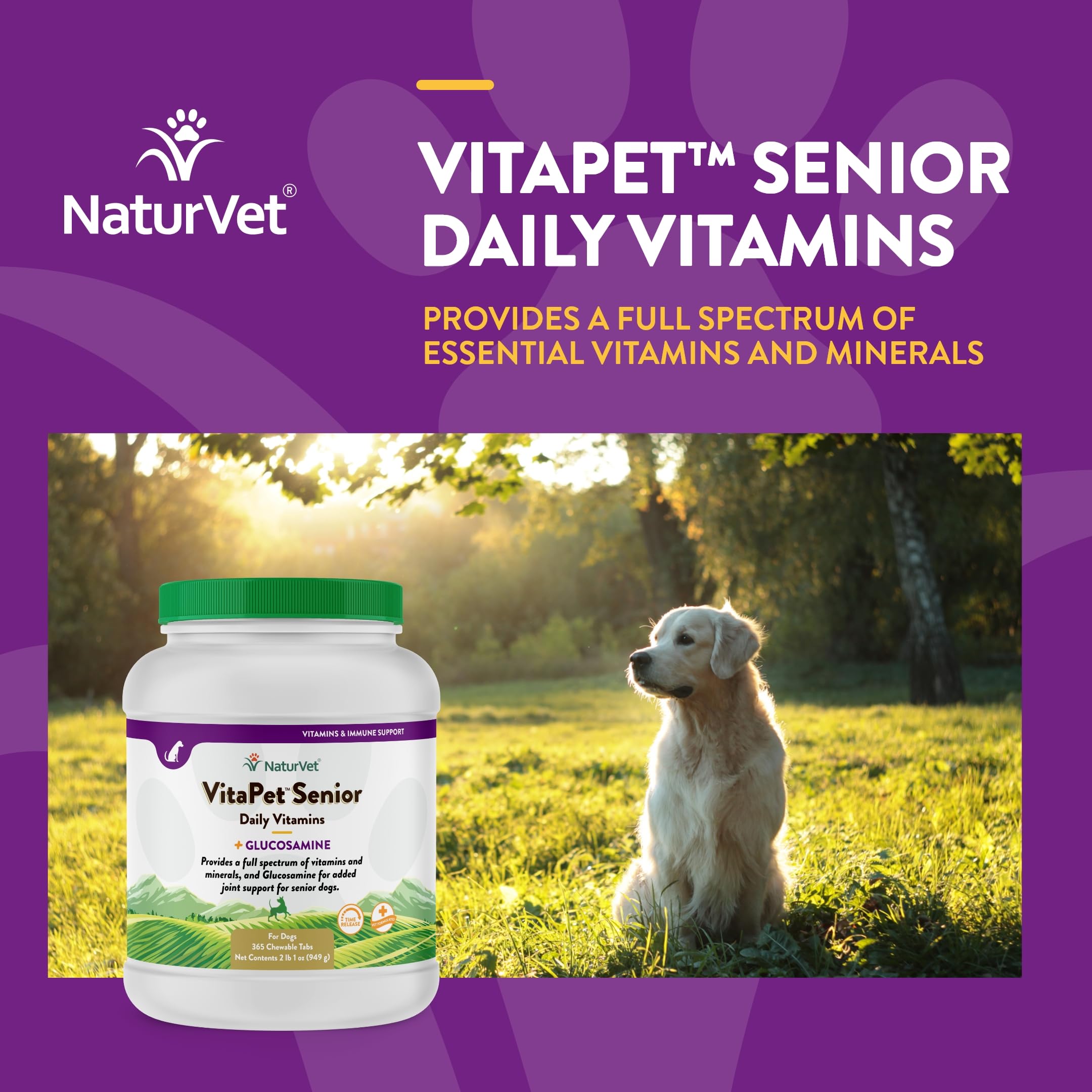 NaturVet VitaPet senior vitamins time-release graphic on label.