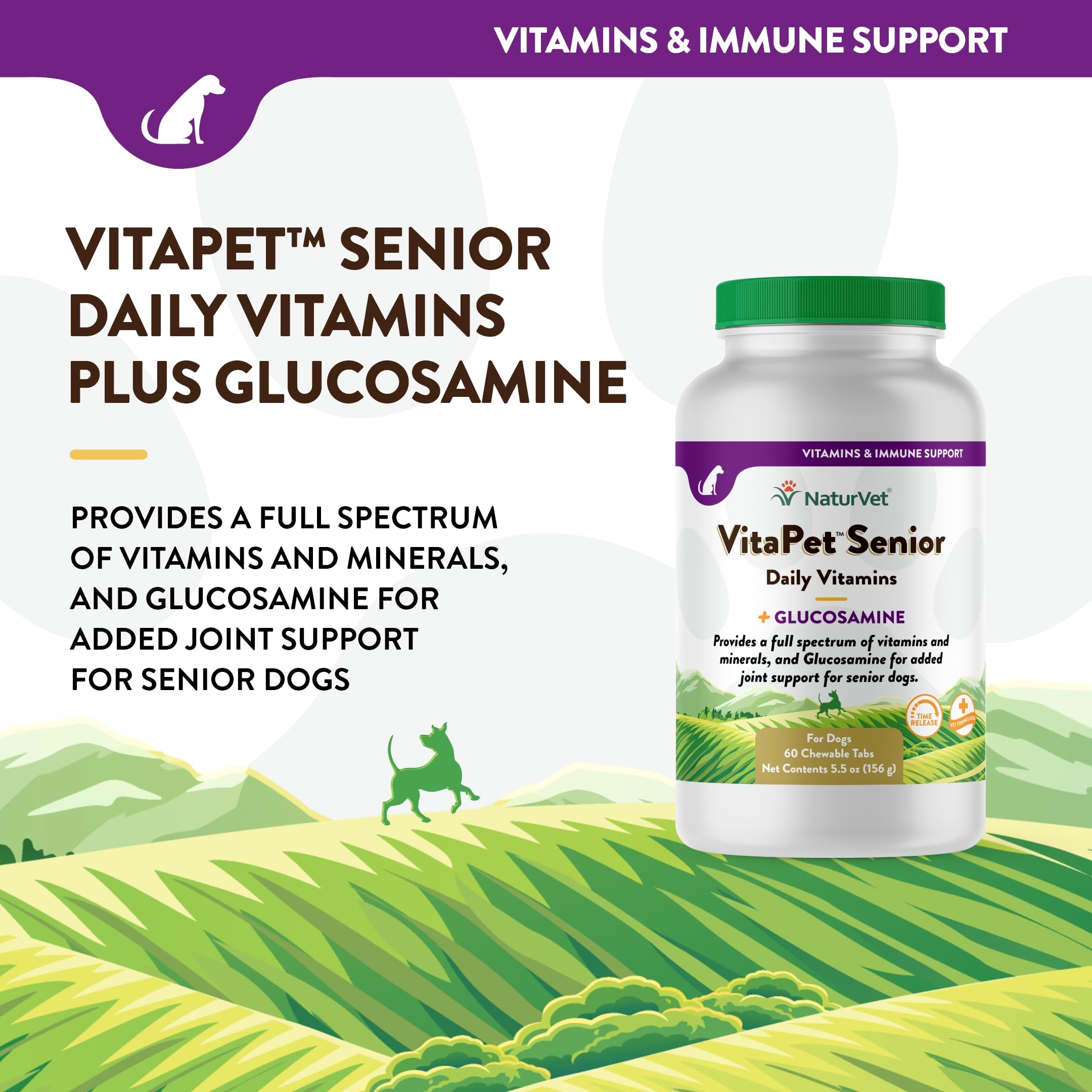 NaturVet VitaPet Senior joint-support visuals emphasize glucosamine benefits
