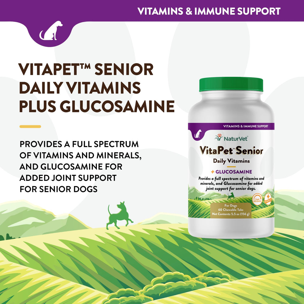 NaturVet VitaPet Senior joint-support visuals emphasize glucosamine benefits