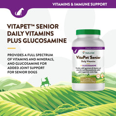 NaturVet VitaPet Senior joint-support visuals emphasize glucosamine benefits