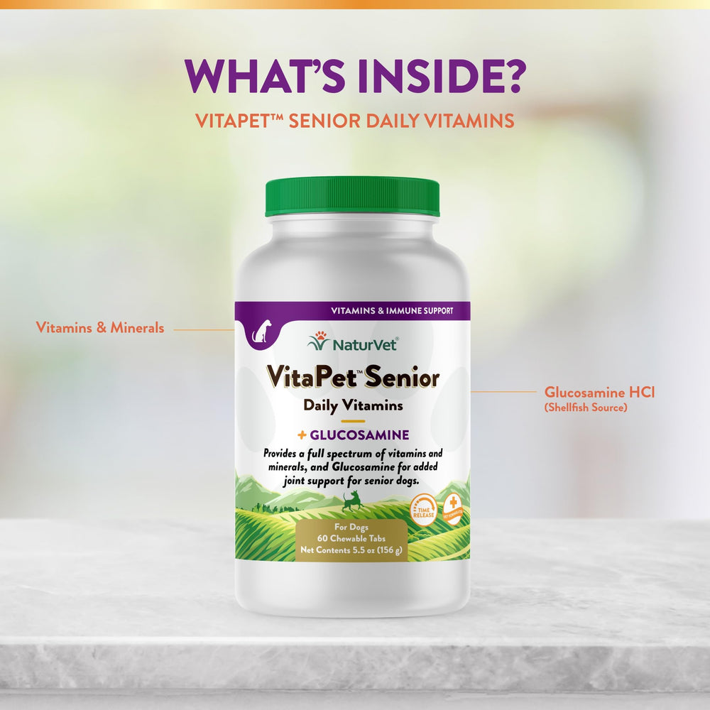NaturVet VitaPet Senior bottle beside a senior dog at play