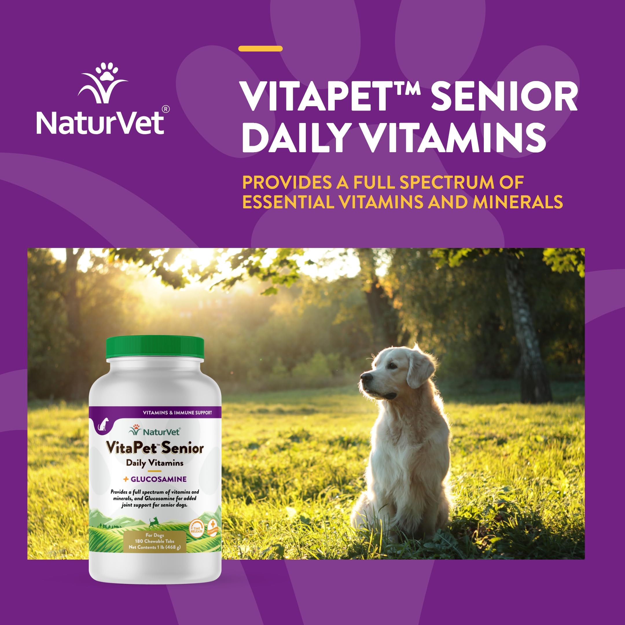 NaturVet VitaPet Senior glucosamine label – joint-support ingredients visible.