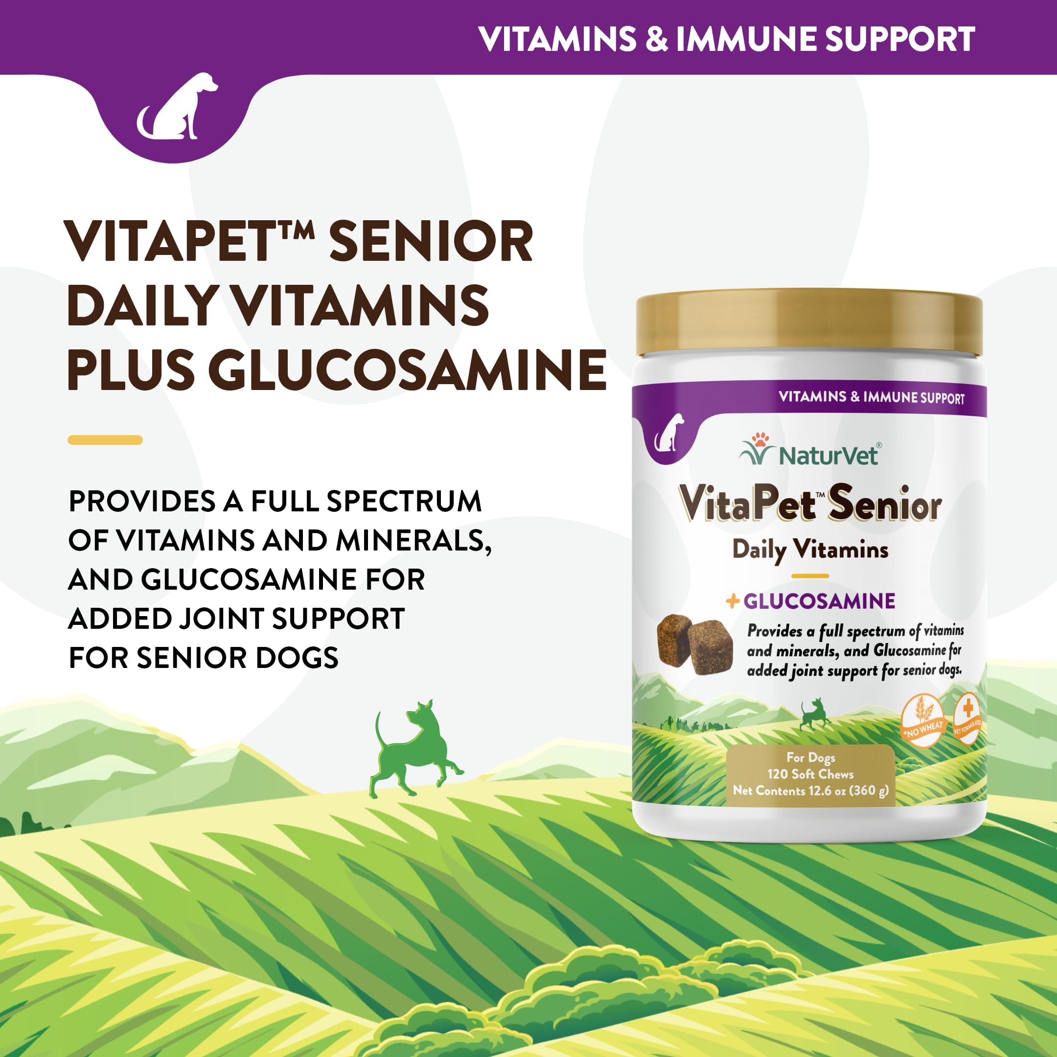 NaturVet VitaPet Senior soft chews promoting joint support during active aging dogs