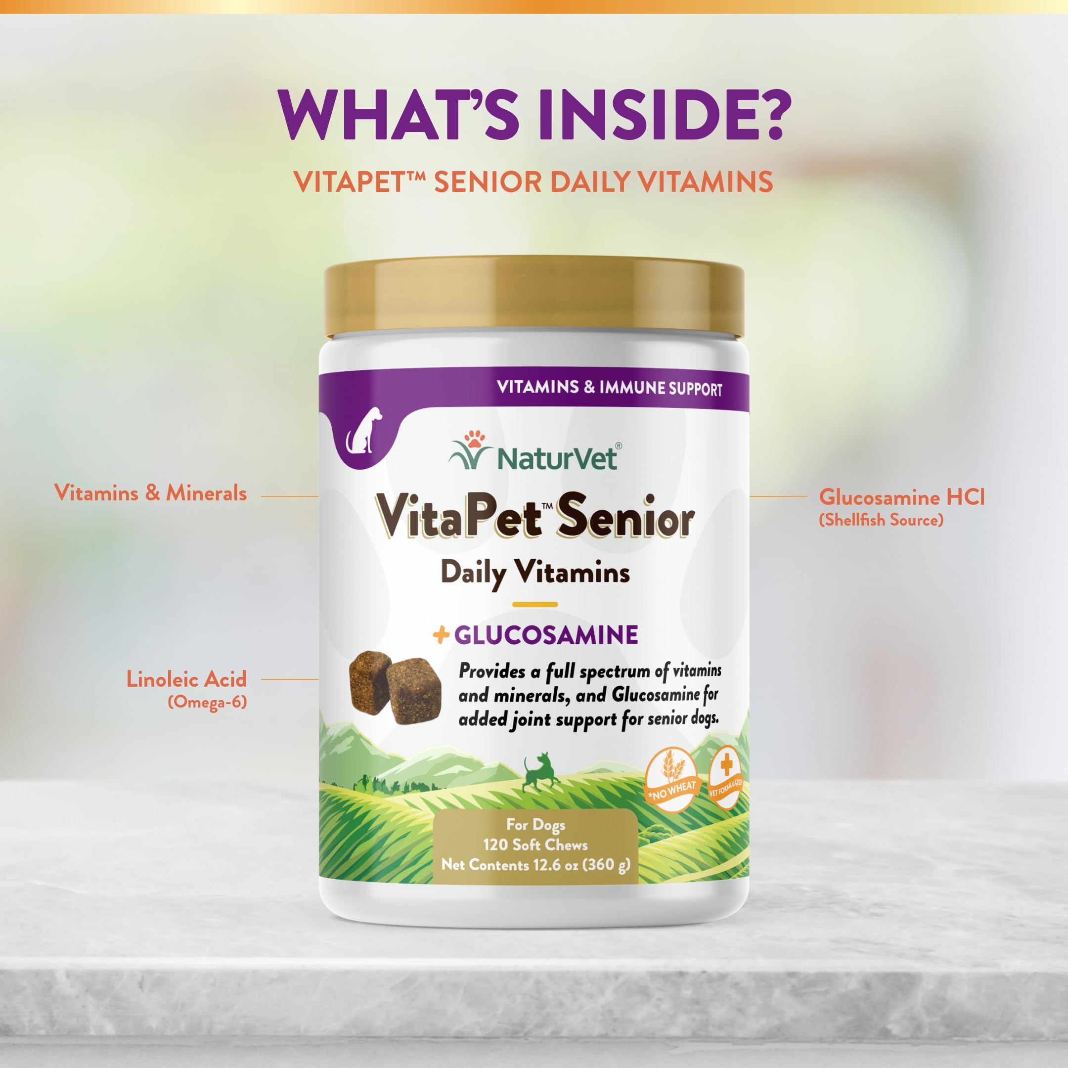 NaturVet VitaPet Senior soft chews are wheat-free for sensitive stomachs