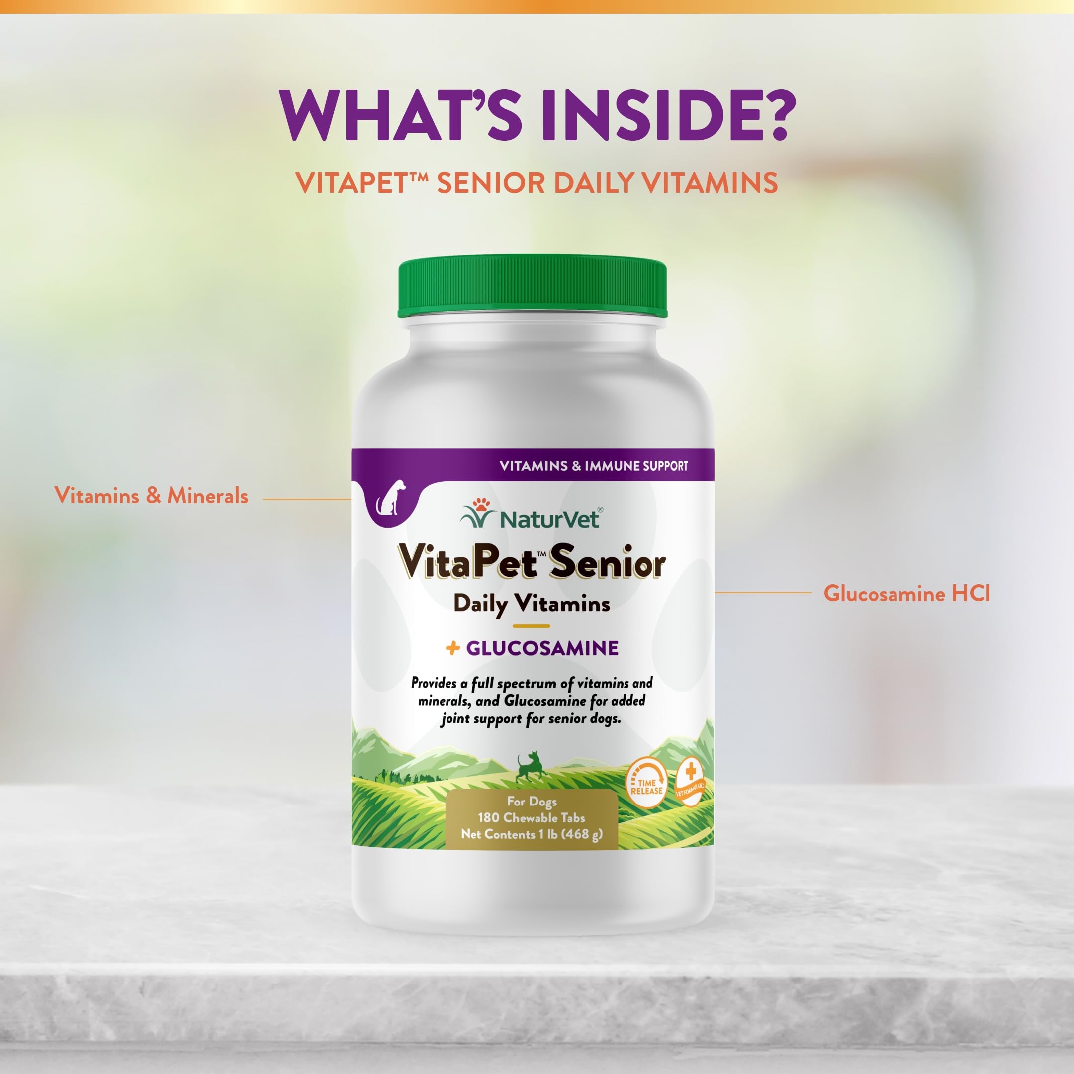NaturVet VitaPet Senior time-release tablets – steady nutrient delivery for dogs.
