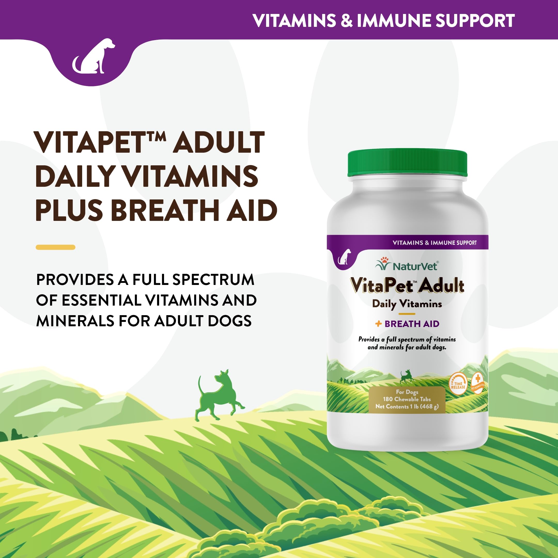 NaturVet VitaPet time-release tablets pack emphasizing long-lasting nutrition