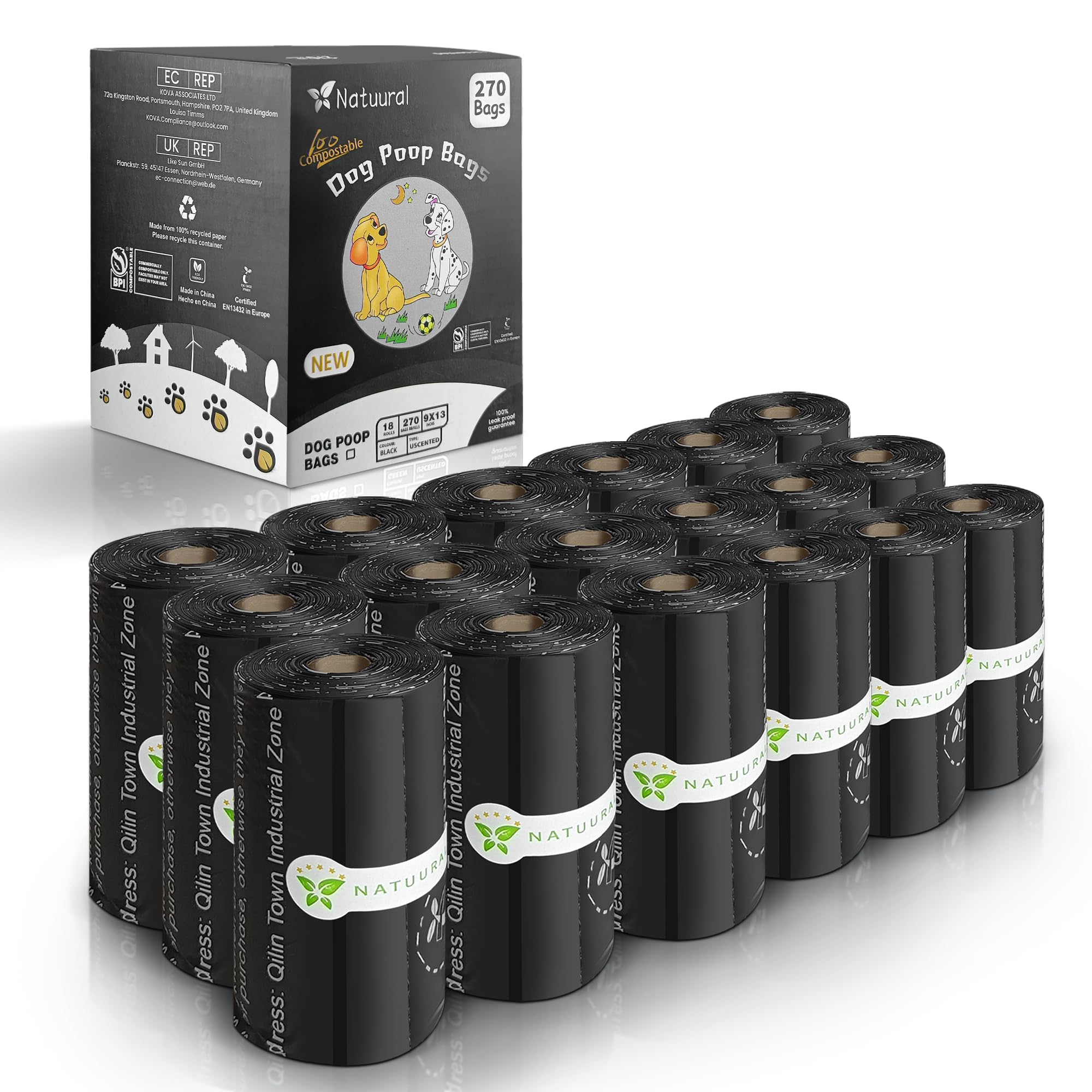 Natuural 270-count compostable dog poop bags for eco-friendly cleanup.