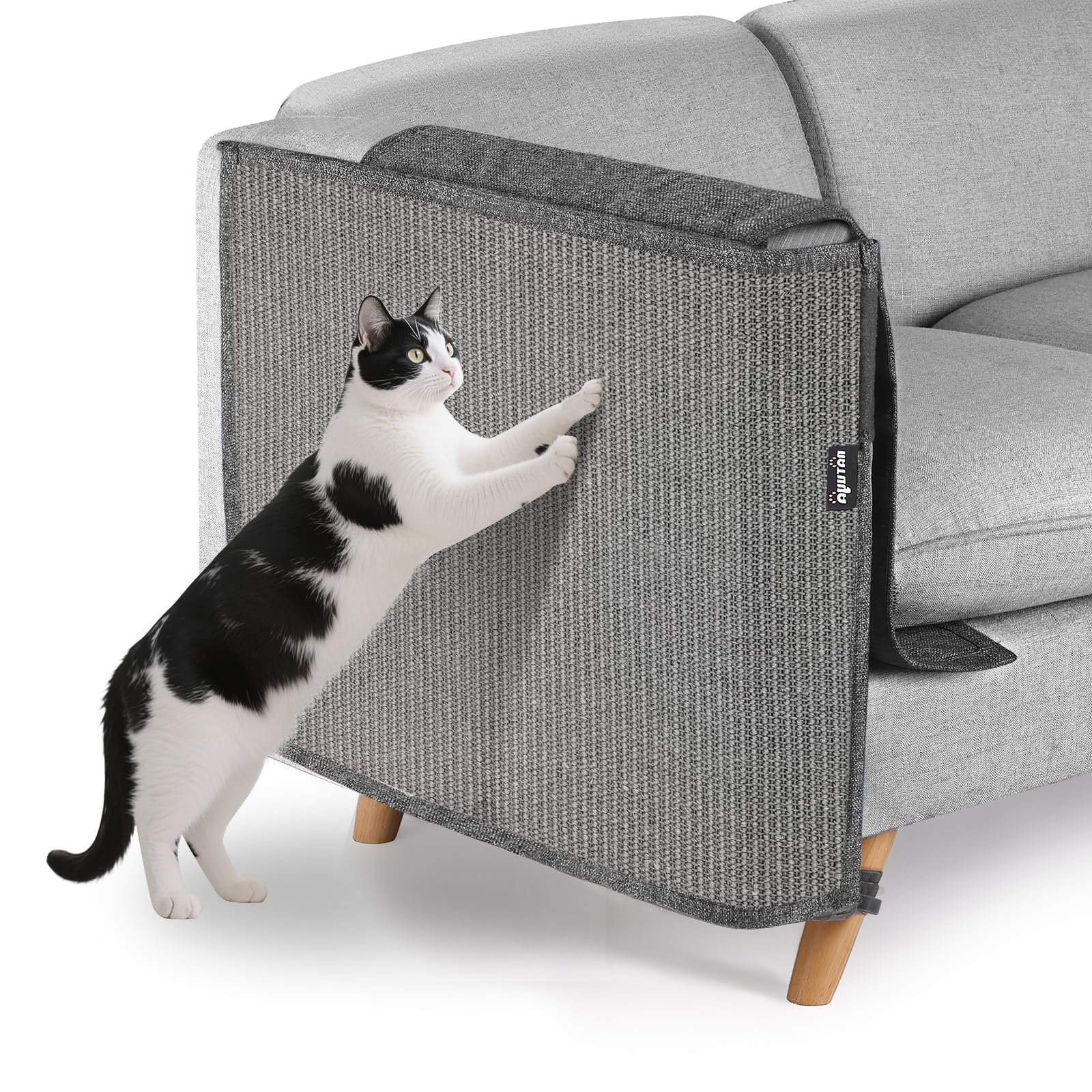 NATUYA cat scratch protector on all-gray sofa armrest for durable protection.