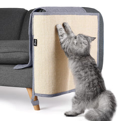 NATUYA furniture protectors on a light gray couch showing sisal pad for cat claw deterrence