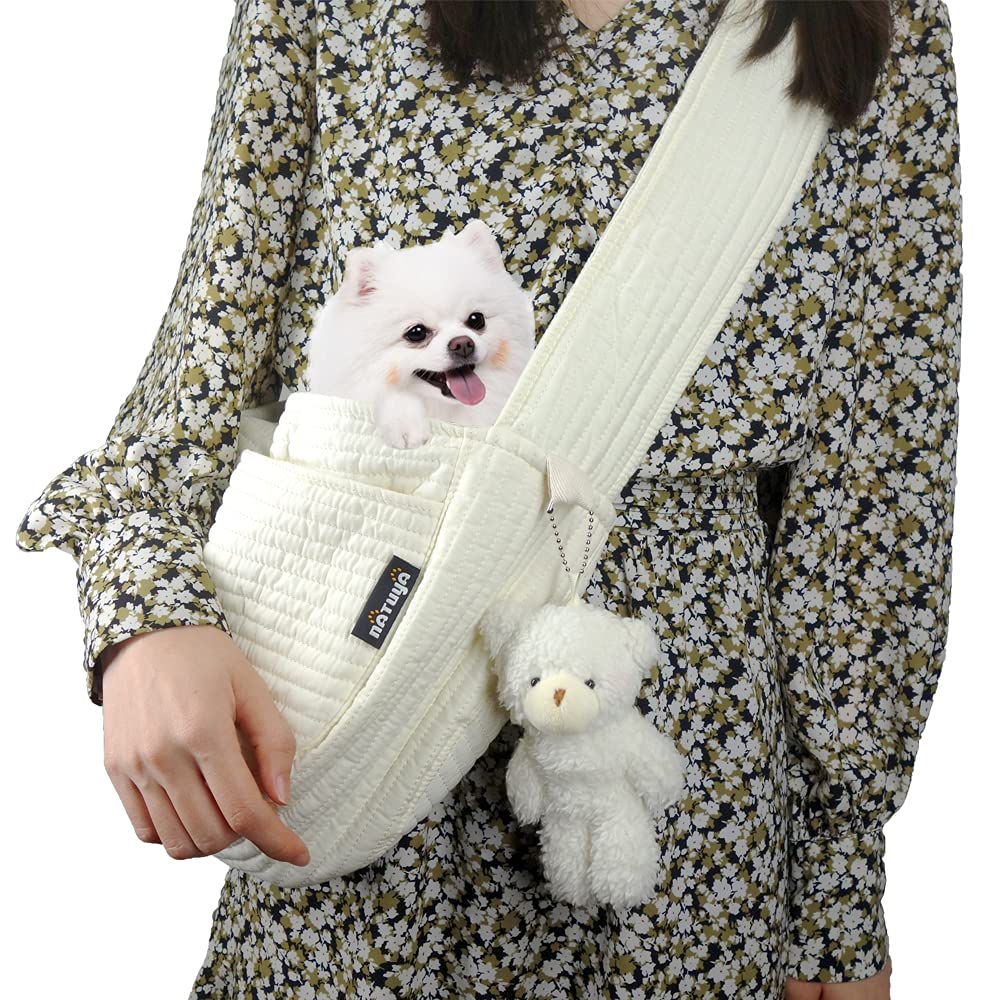 NATUYA small dog carrier sling white front view for hands-free outdoor travel