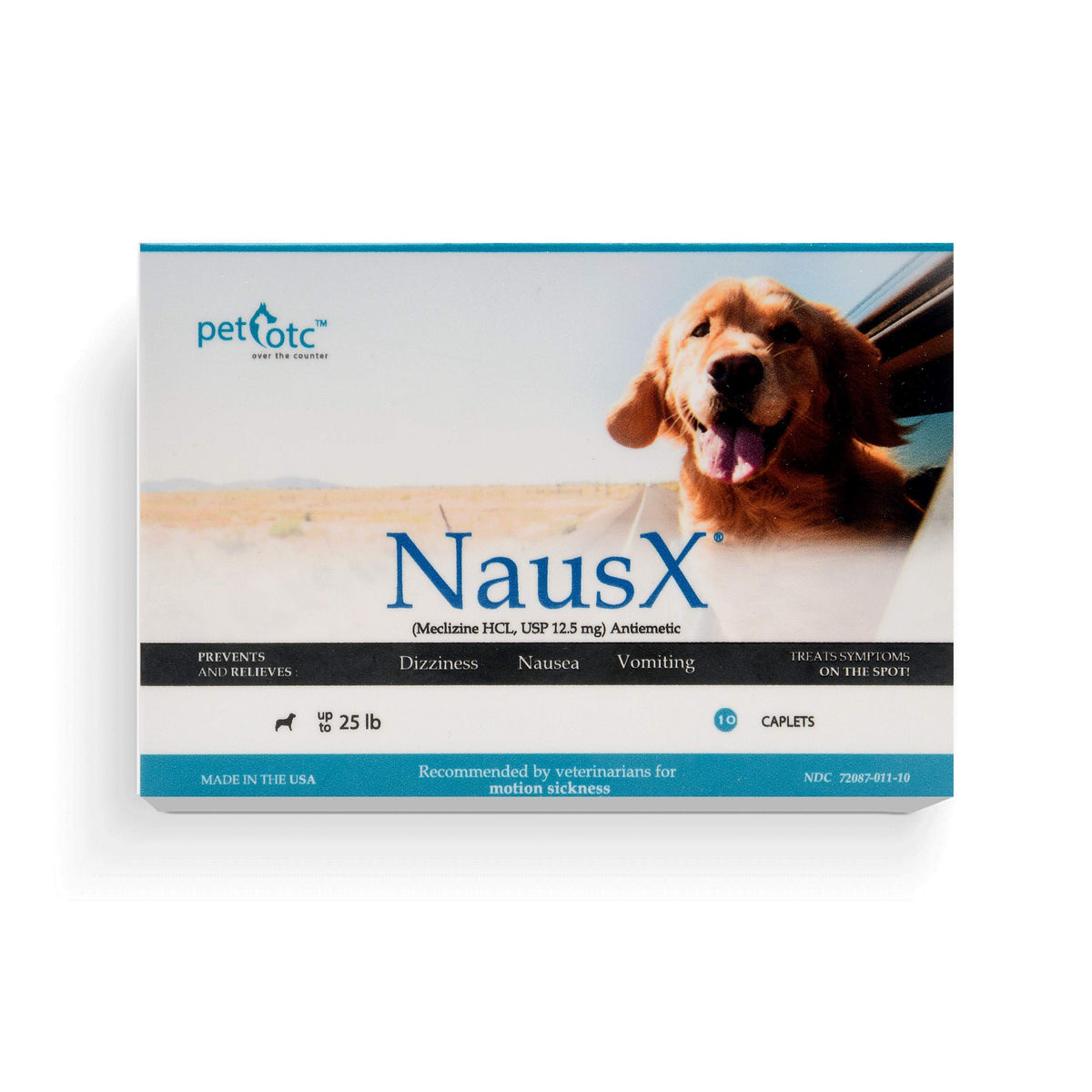 NausX bottle-front packaging for motion relief and travel-ready use.