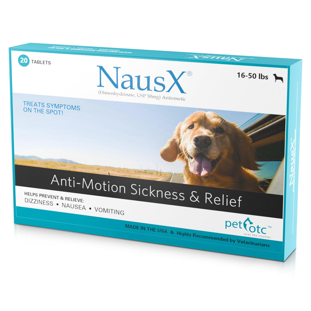 NausX motion sickness tablets bottle for dog travel comfort