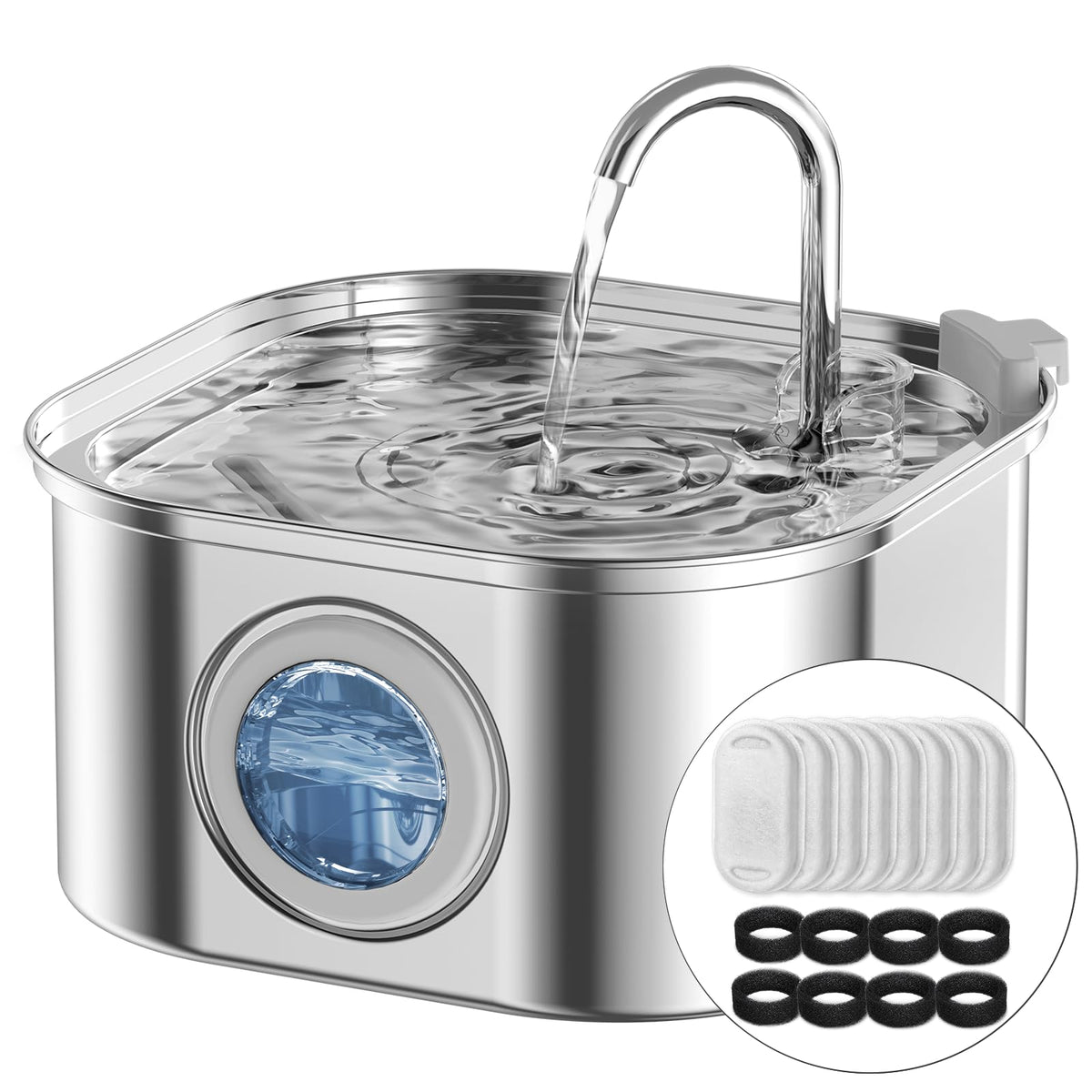 NautyPaws cat water fountain front view highlights durable stainless steel for reliable hydration.