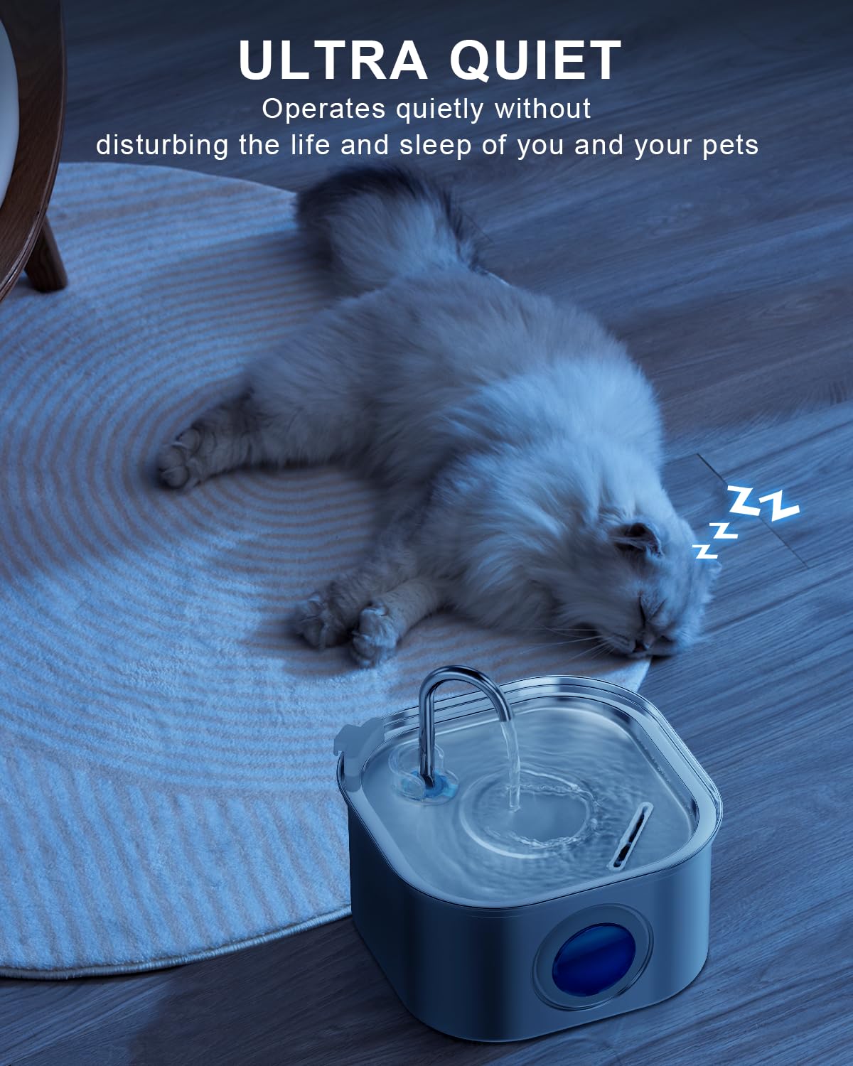 NautyPaws ultra-quiet pump keeps noise under 20dB for peaceful nights.