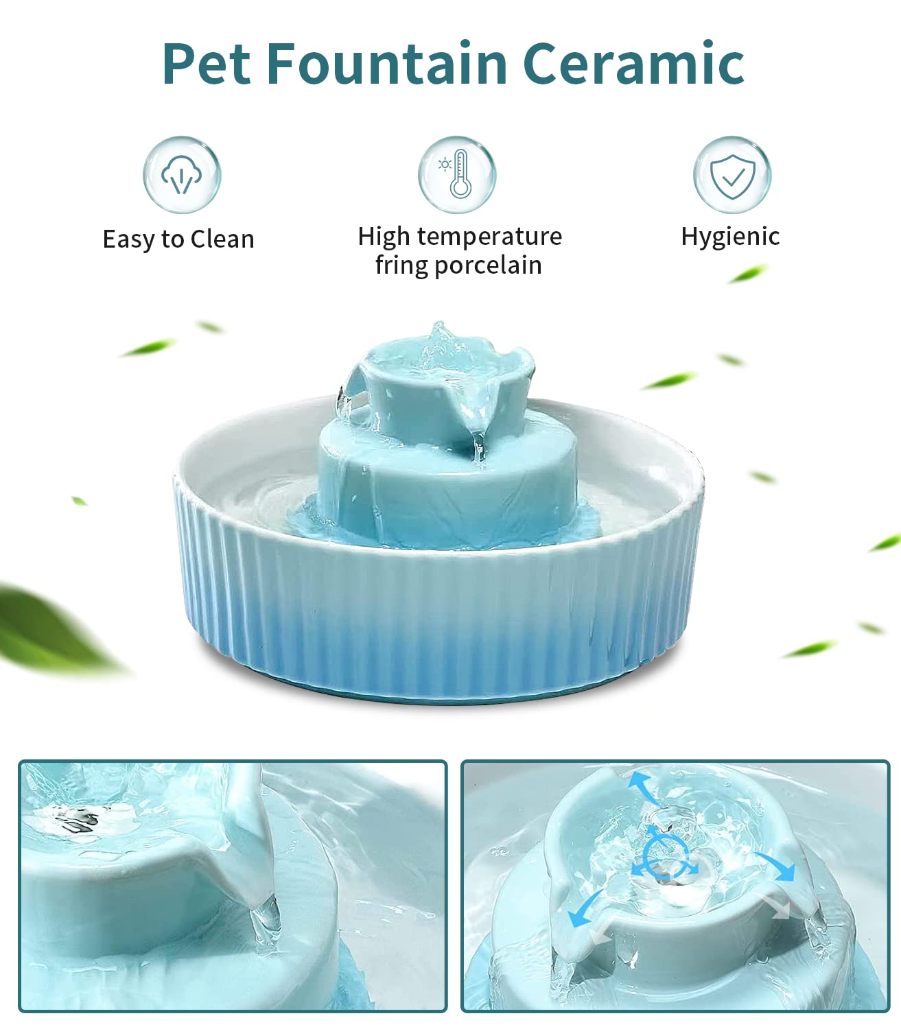 NautyPaws ceramic fountain flow detail shows gentle bubbling that attracts pets to drink.