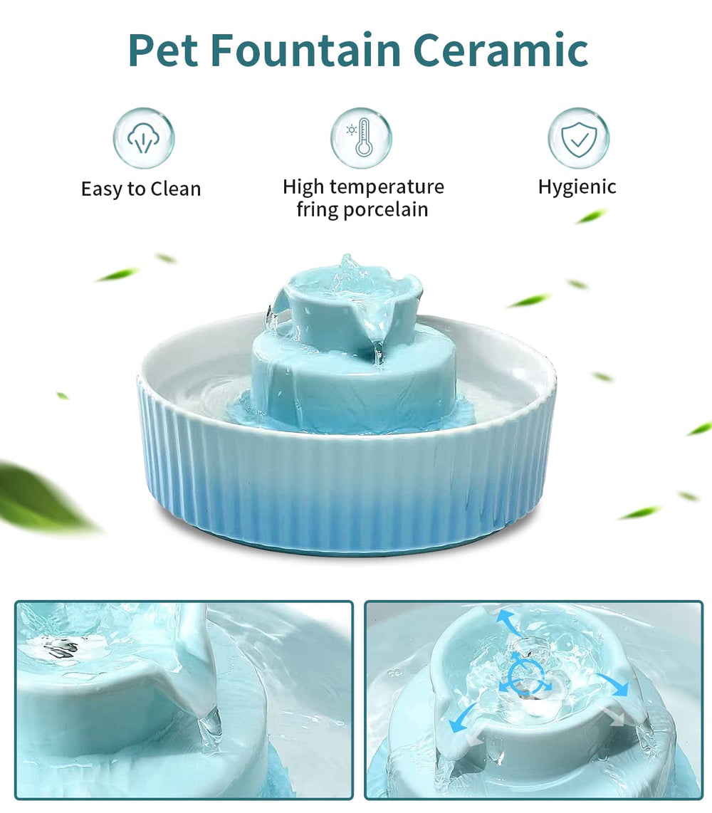 NautyPaws ceramic fountain flow detail shows gentle bubbling that attracts pets to drink.