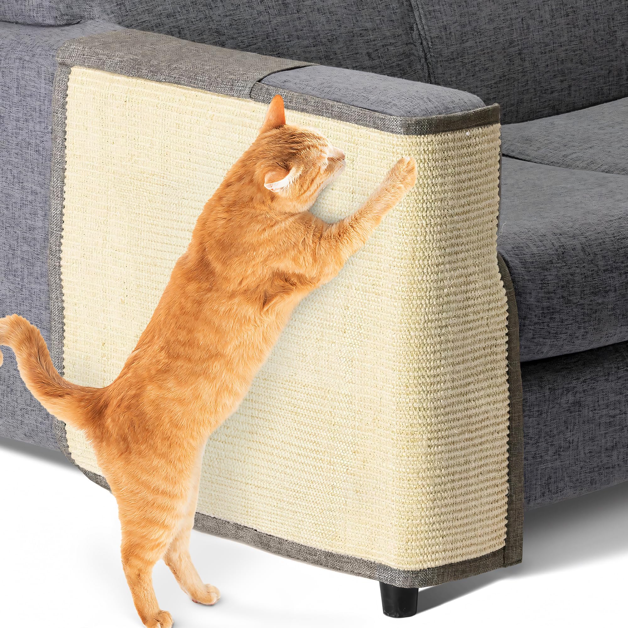 Navaris cat-scratch-mat-sisal-on-sofa protects furniture while satisfying feline scratching.