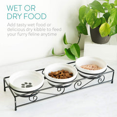 Navaris elevated-stand promotes comfortable posture for pets during meals.