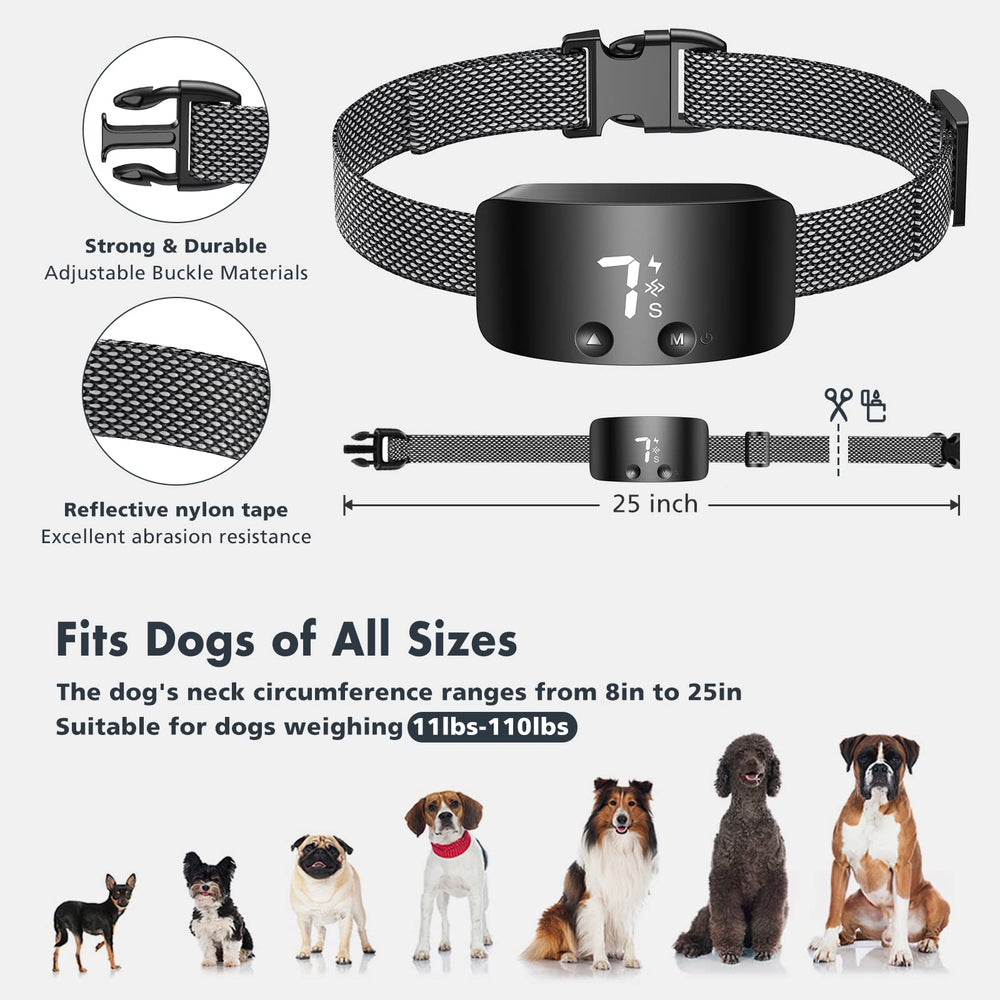 NBJU bark collar adjustable strap fits necks 7.8 to 25 inches.