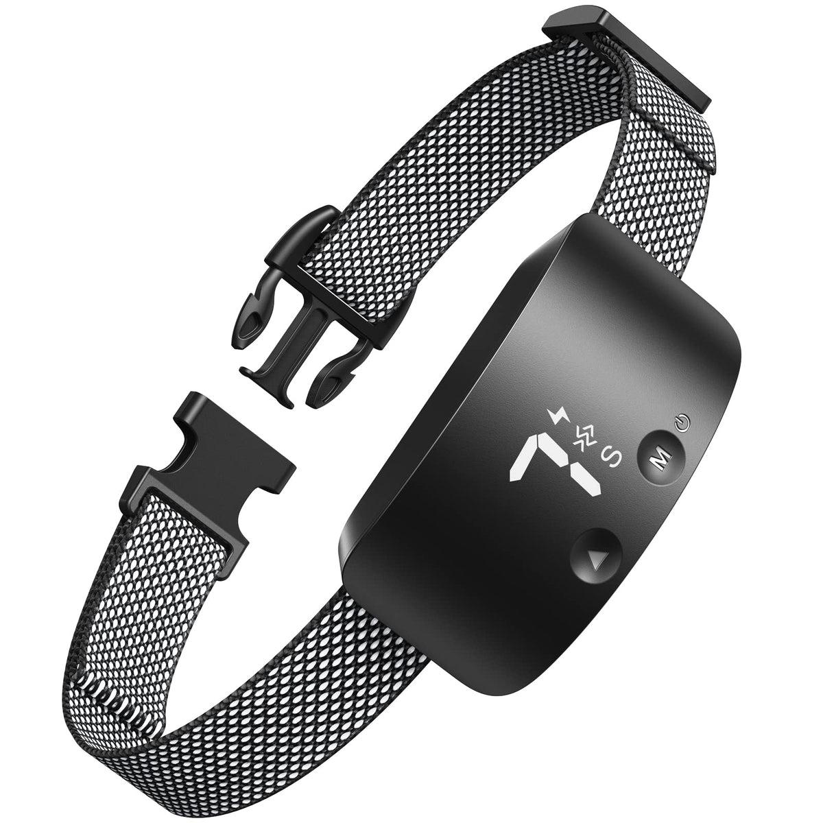 NBJU bark collar front view showing adjustable strap for a comfortable fit across sizes.