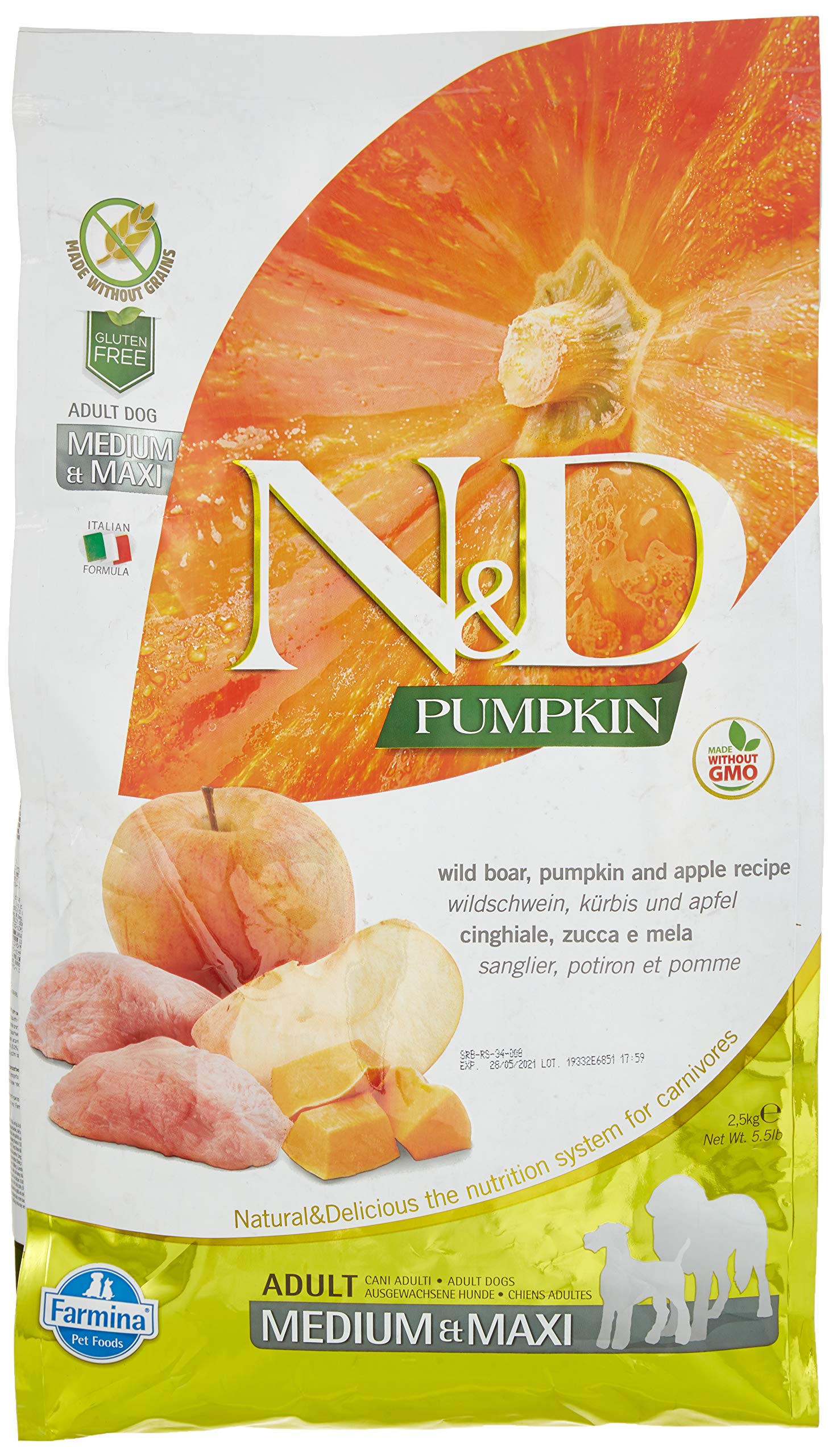 N&D Farmina grain-free pumpkin-boar-apple bag front highlighting premium protein for adults