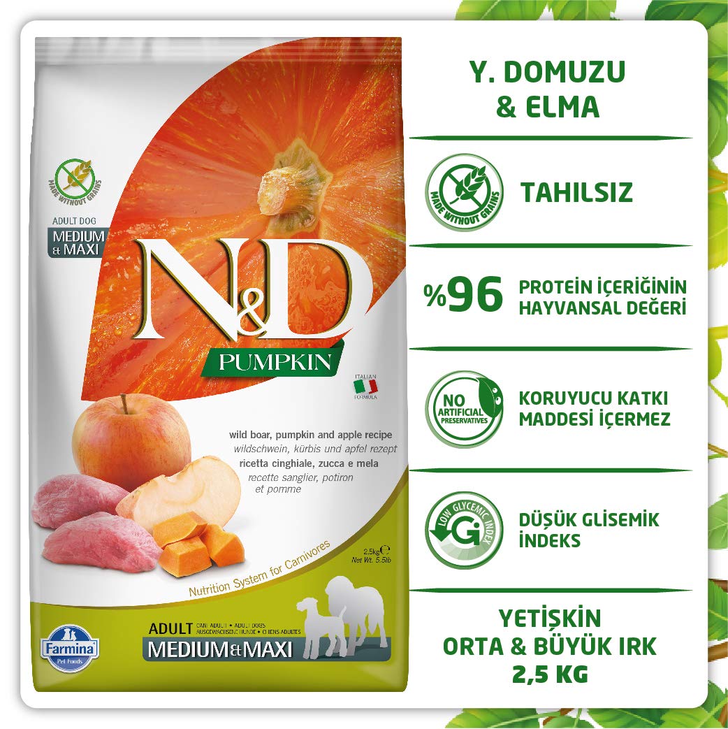 N&D Farmina close-up ingredients like boar, pumpkin, and apples for balanced nutrition
